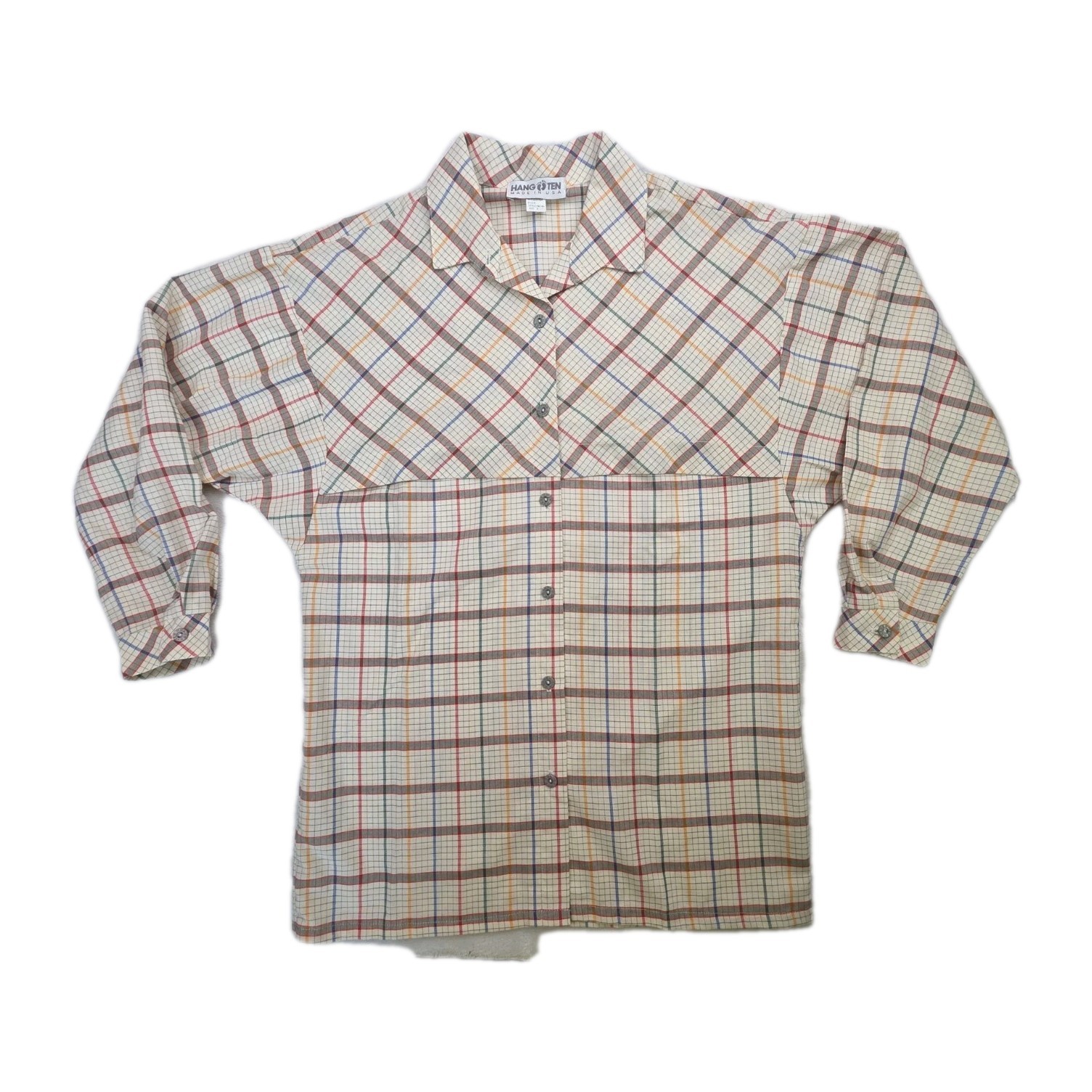 Vintage HANG TEN 1970s 80s Plaid Surf Skate Yoked Long Sleeve Logo Feet Size S