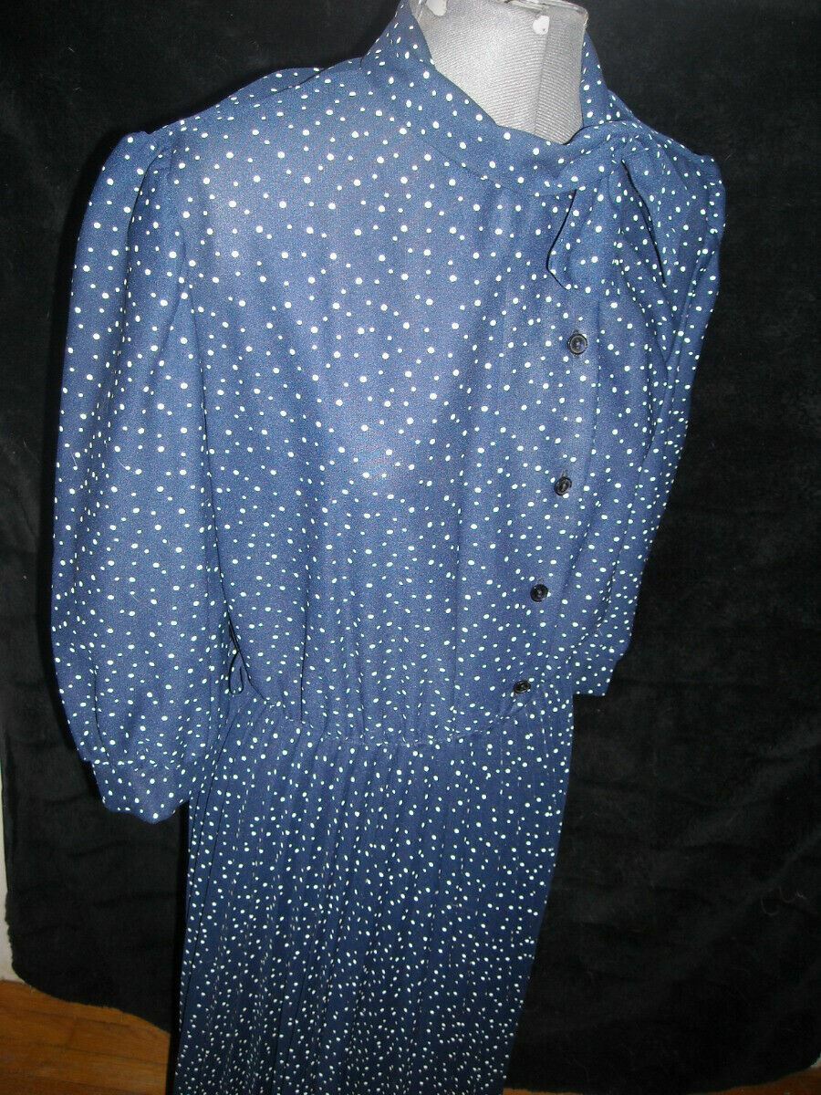 VTG 60S WOMENS 12 BLUE POLKA DOT PRINT 40S 50S STYLE SECRETARY POLYESTER DRESS