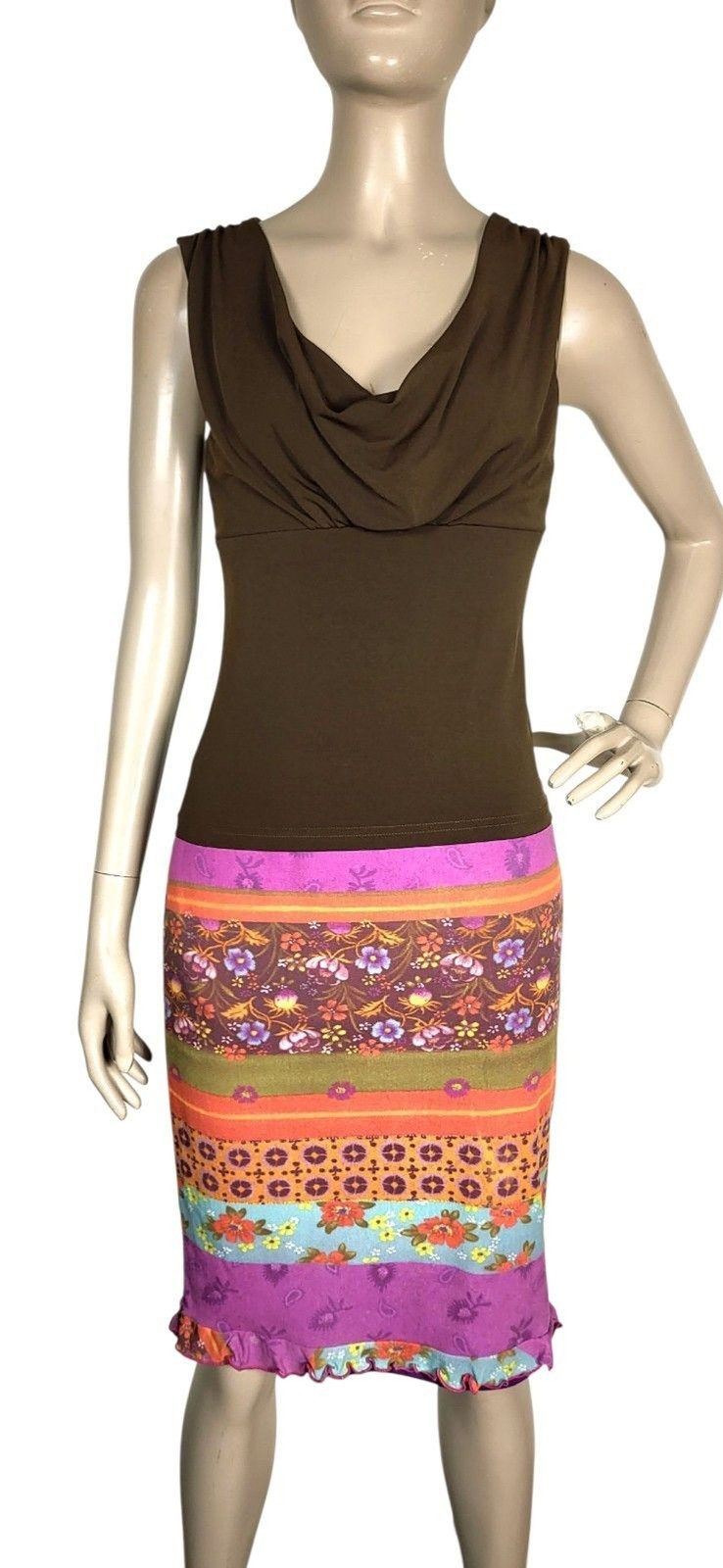 Vintage 90s Y2K Maria Bonita Mixed Media Colorful Ruffle Hem Pencil Skirt S/M