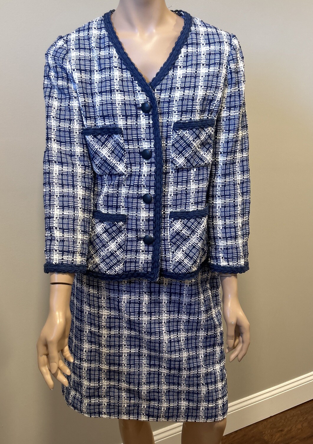 Weathervane Tailored By Handmacher Tweed Skirt Jacket Suit Vintage Blue White