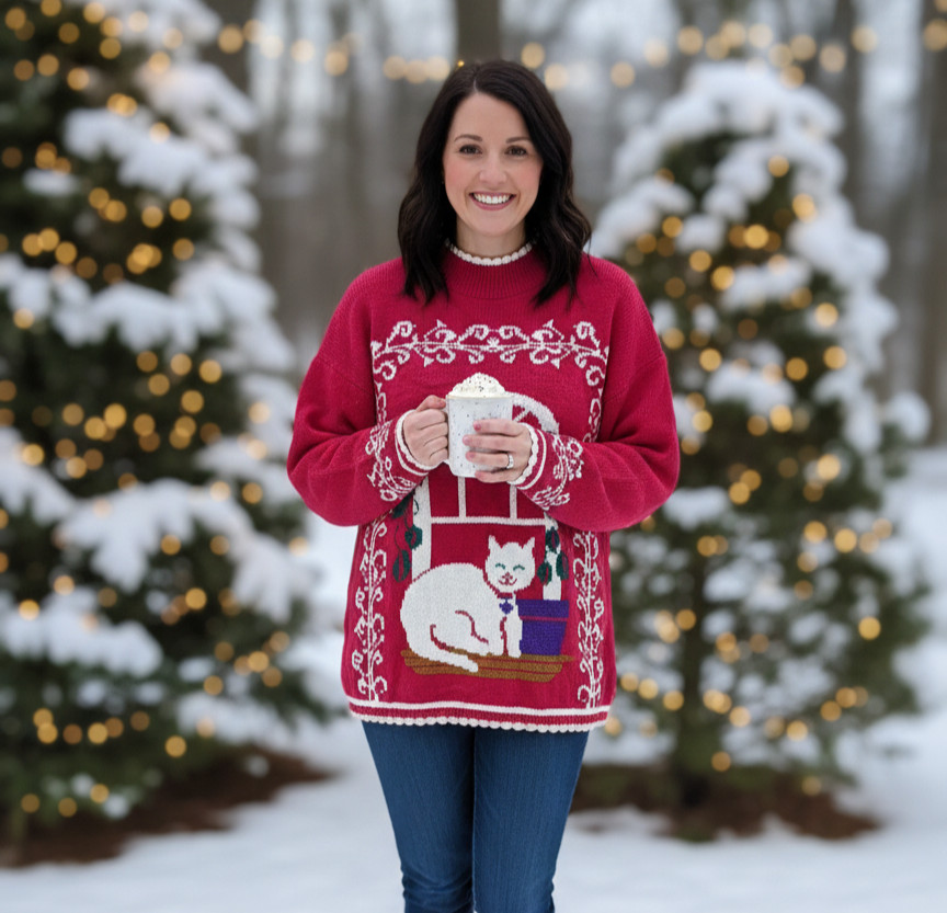 Vintage 80s Spunky Women’s Chest 20 Red Long-Sleeve Cat In Window Design Sweater