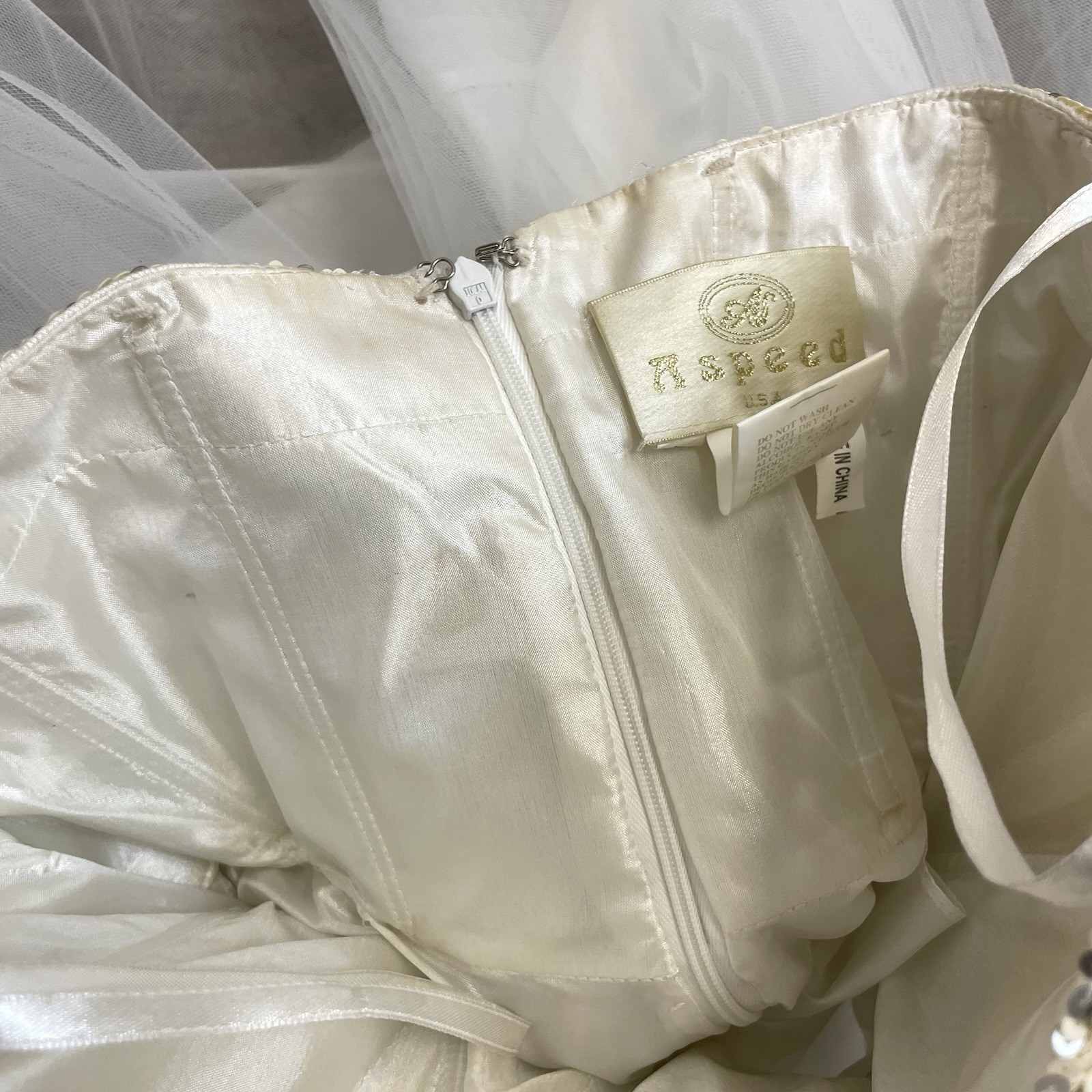 Aspeed Vintage 90s White & Silver Sequin Strapless Tulle Formal Prom Dress sz XS