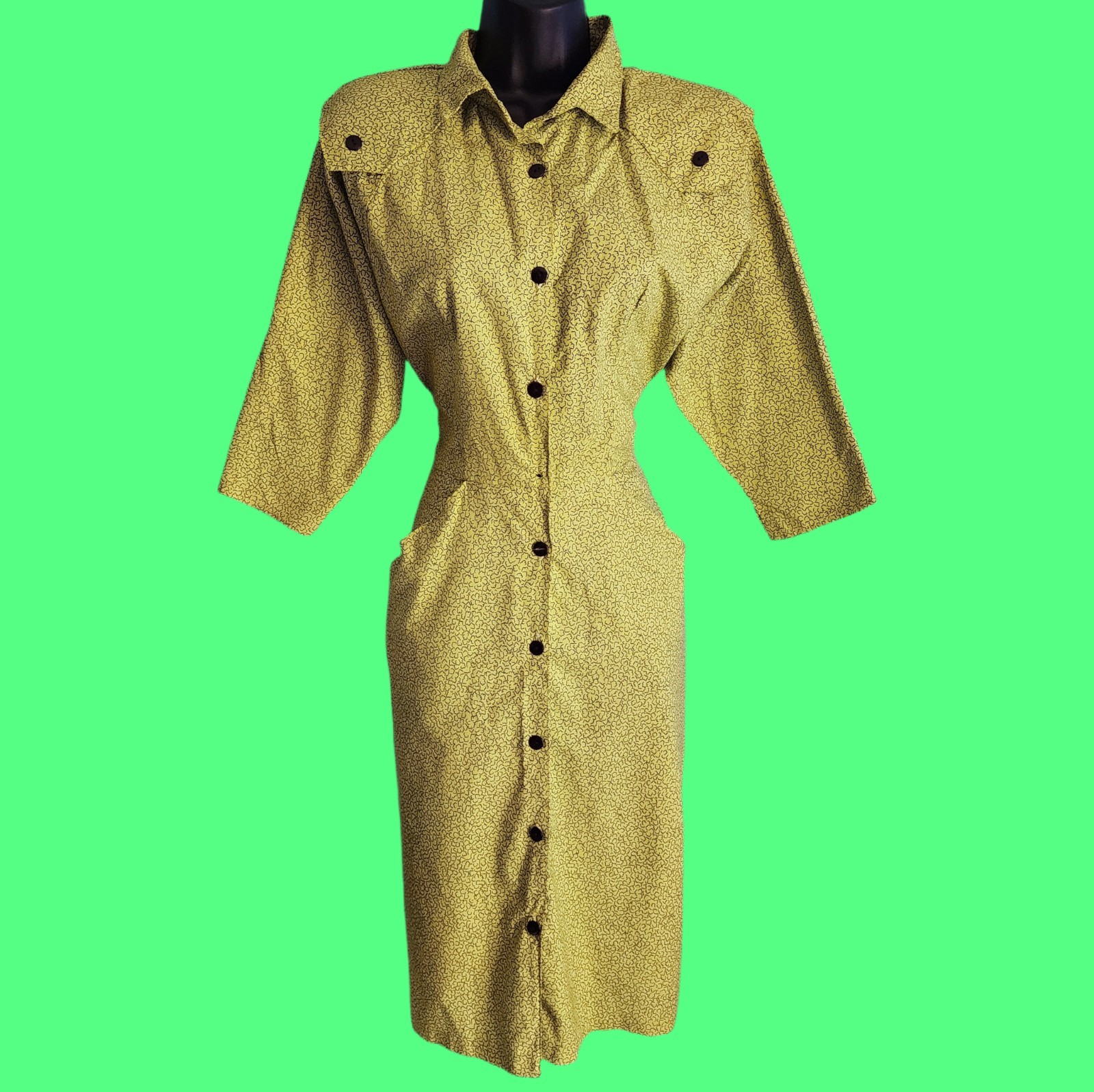 VINTAGE 80’s WILD DRESS Chartreuse Black Graphic Print Shirt Dress Rockabilly…