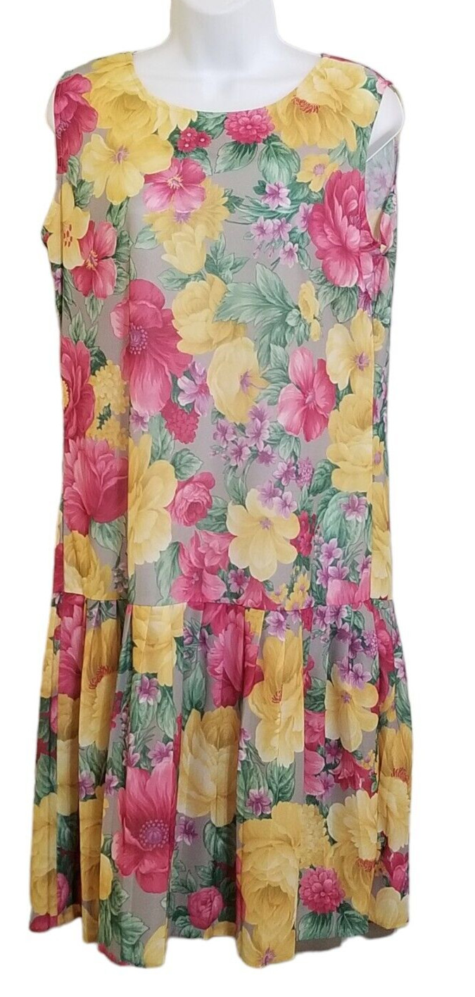 Vintage Womens Dress M/L Two Piece Below Knee Drop Waist Floral Pleated Yellow