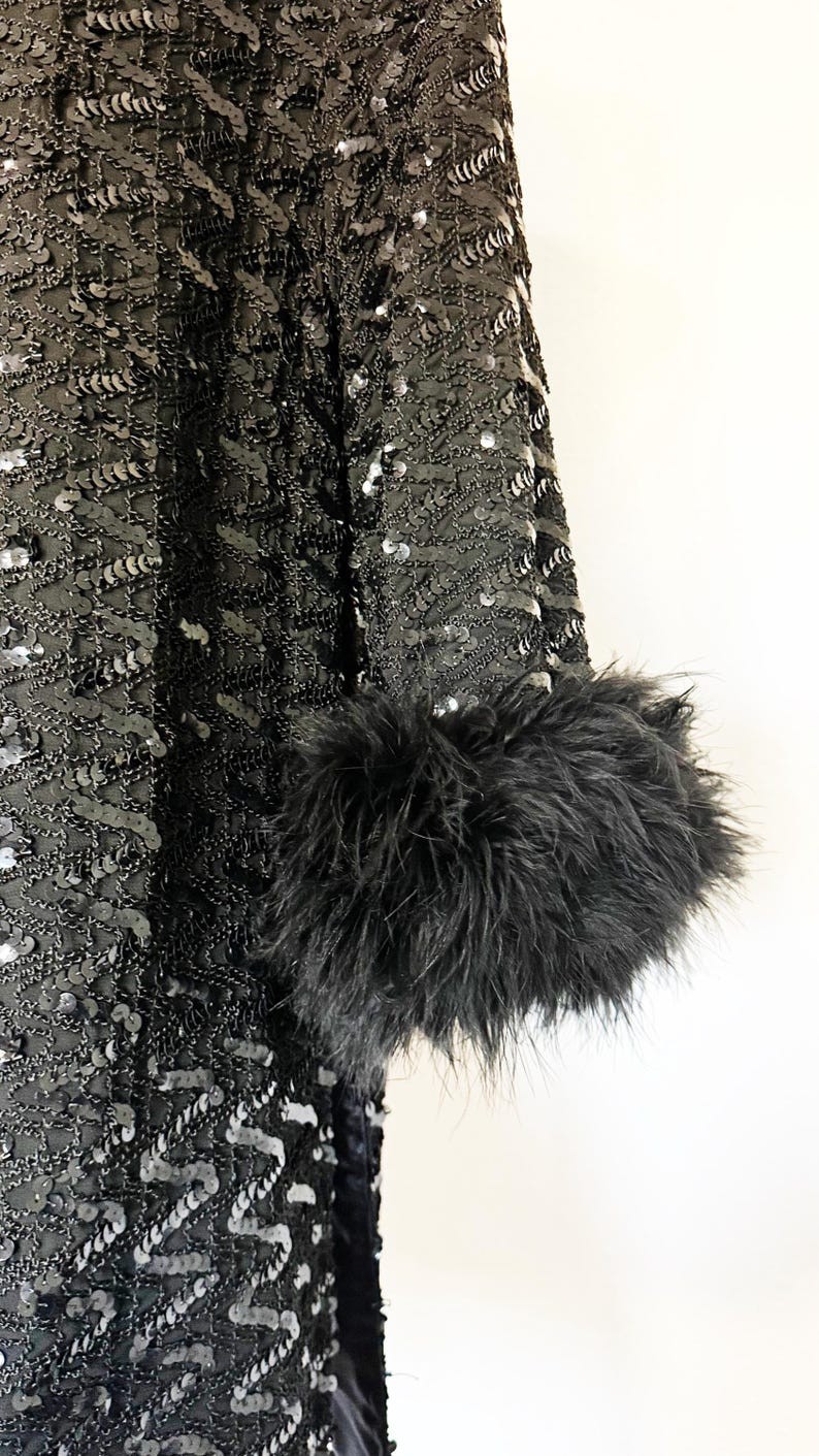 1960s Sequin Coat / Black Sequin Coat / Feather Trim Coat / Size Large