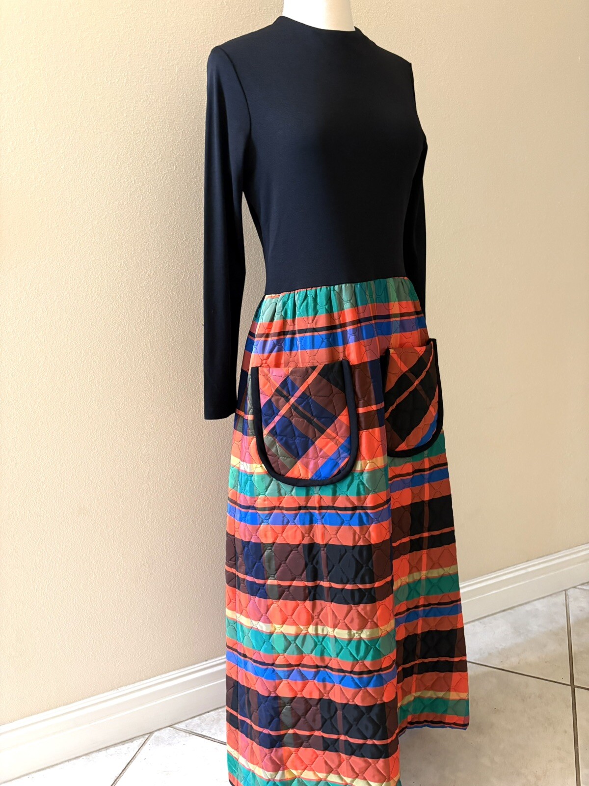 Vintage 70s One Way Hostess/ Maxi Dress with Plaid Quilted Skirt M