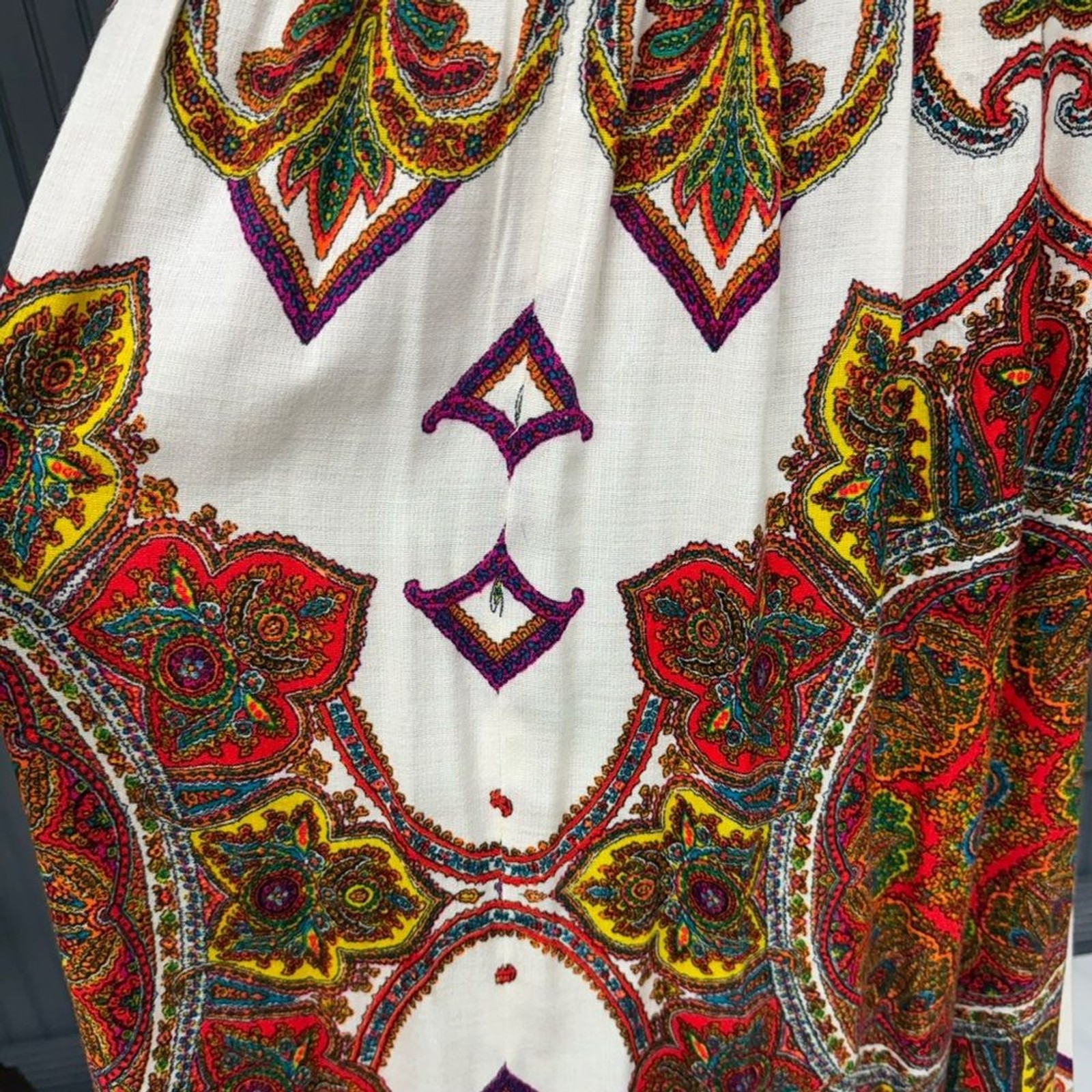 Vintage Mod Maxi Dress White Top Multicolor Paisley Skirt Sleeveless 70s Hippy