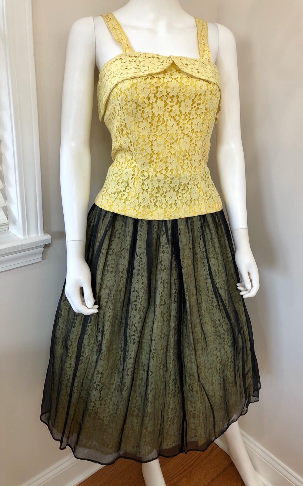 SCARCE VTG 1950s Designer GRETA PLATTRY Yellow Lace & Organdy PATIO SUNDRESS SET