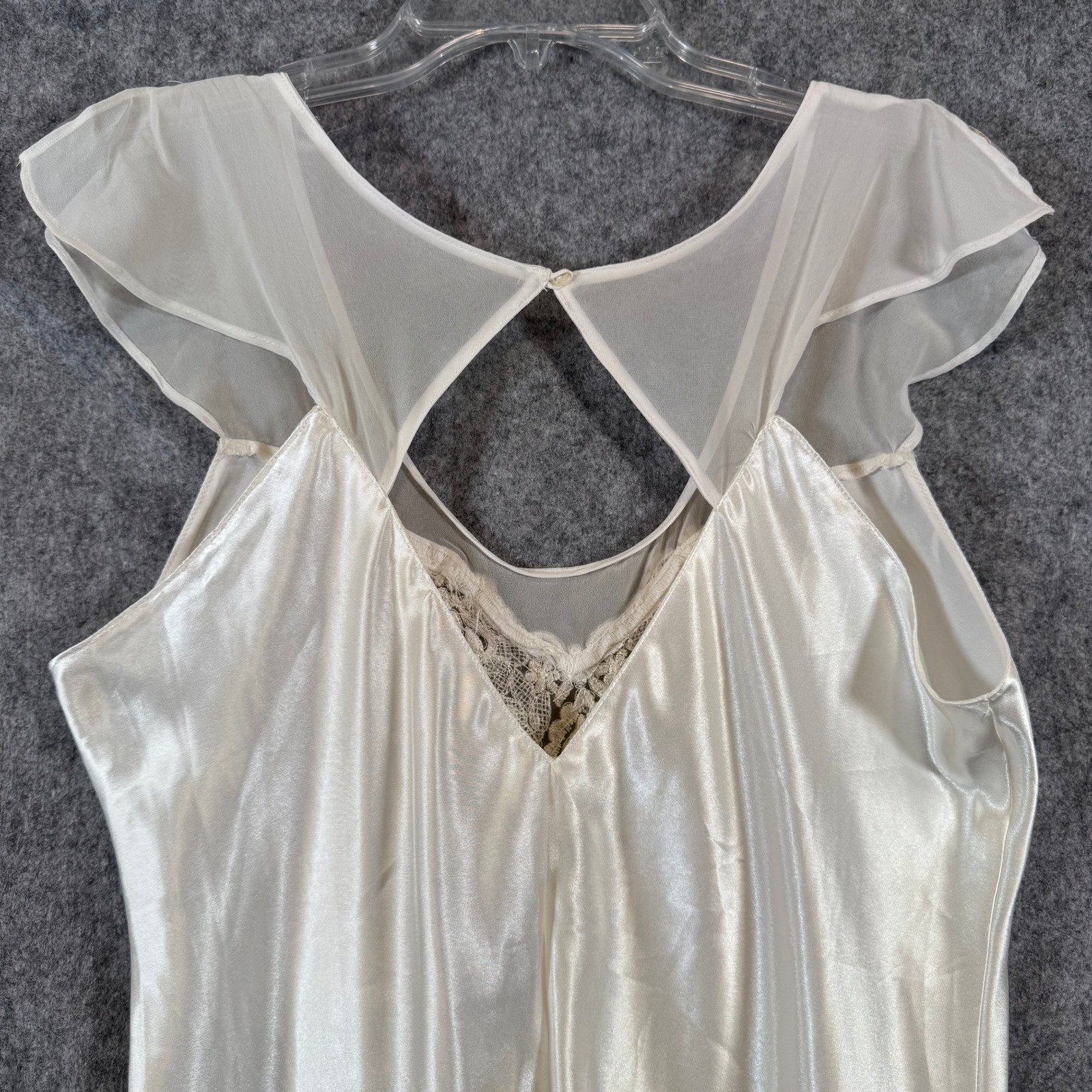 Vtg Bridal Maxi Nightgown Womens L Lingerie Satin Lace Ivory Coquette Romantic
