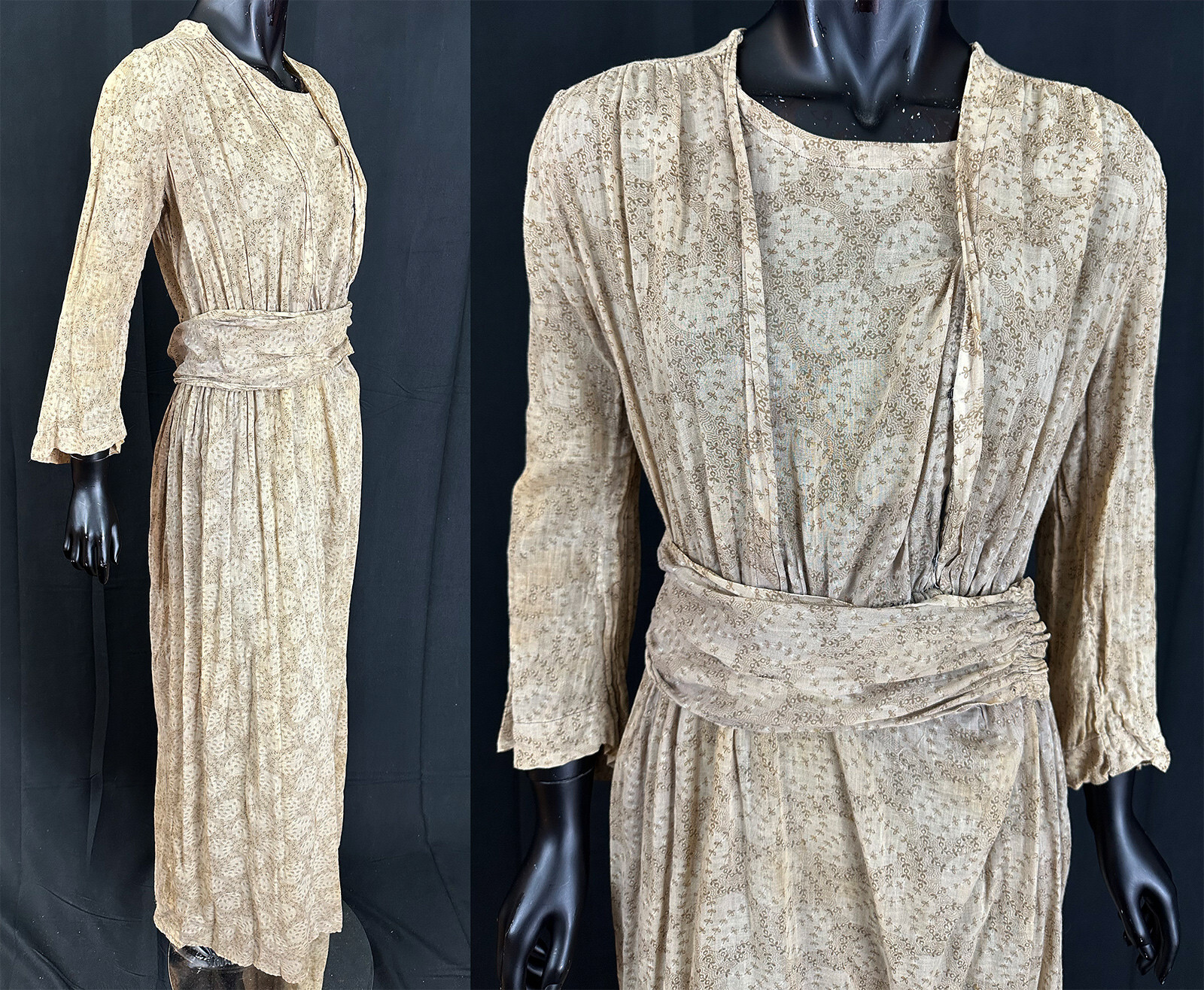 Edwardian Beige Spiral Vine Leaf Print Calico Cotton Muslin Women Workwear Dress