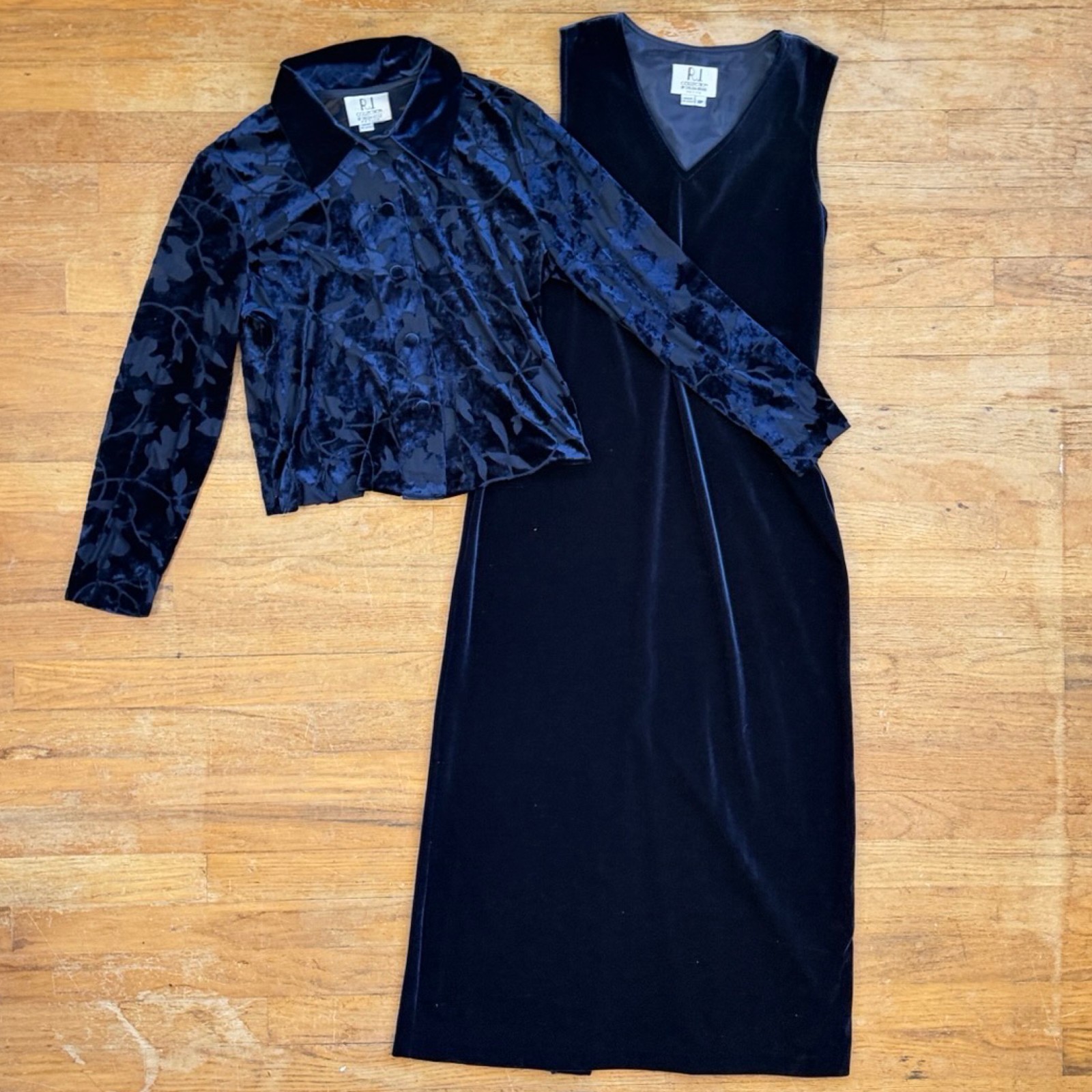 Vintage Crushed Velvet Dress & Jacket Size Small Set 90s Navy Blue Flocked Maxi