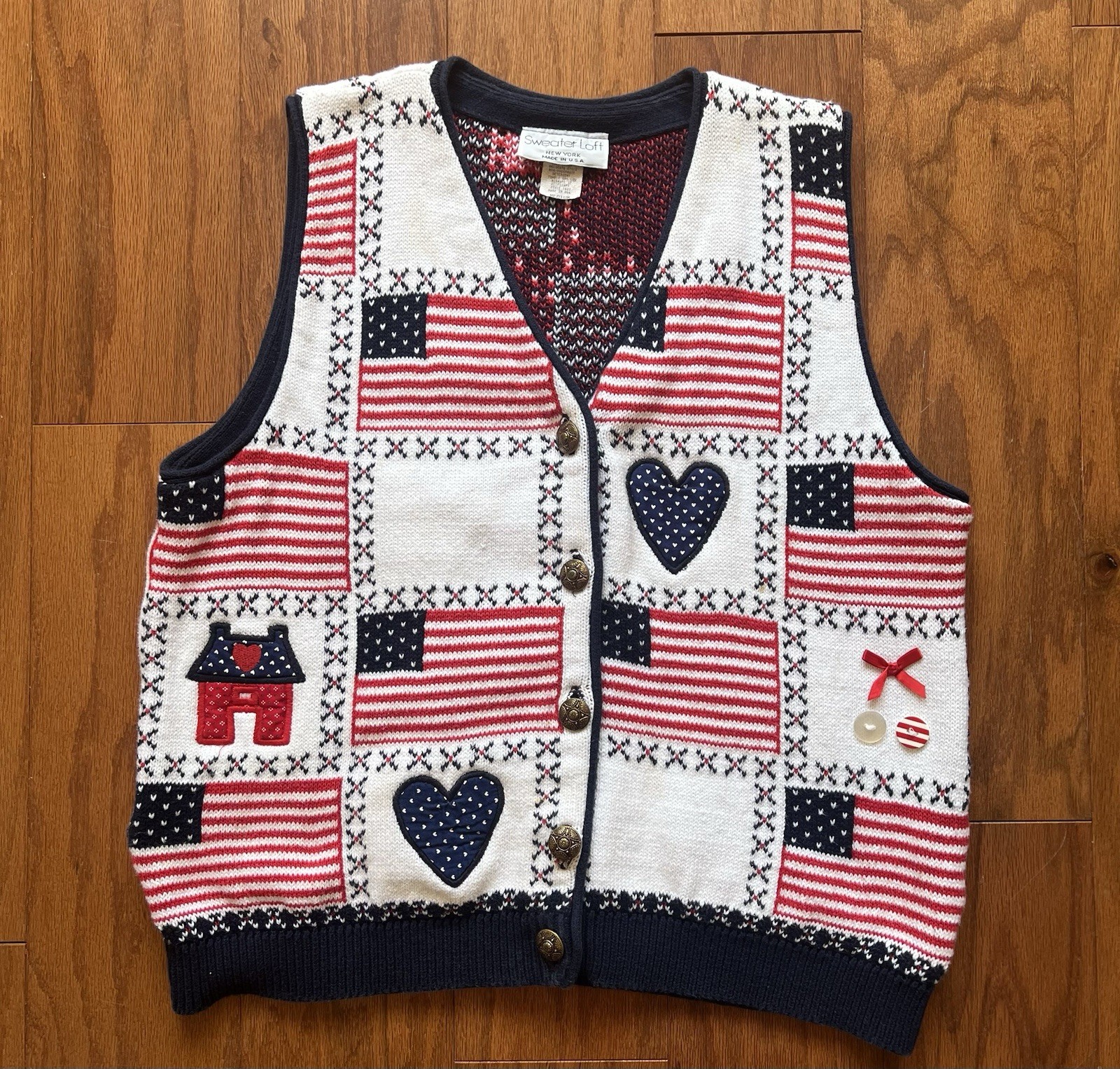 Loft Sweater Vest USA Flag Patchwork Medium Cottagecore Grandmacore Vintage