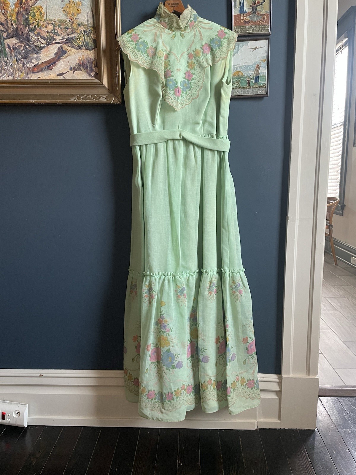 Stunning Vintage 60’s Garden Party Wedding Dress XS S 4 6 Seafoam Green Floral