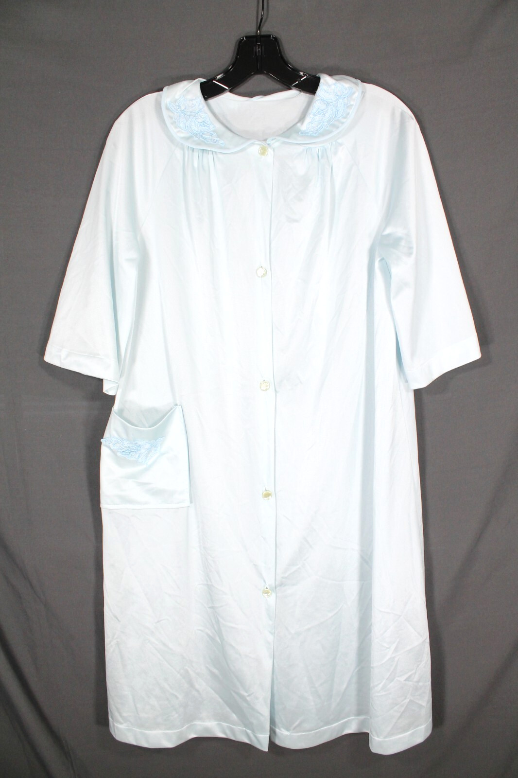 VTG LORRAINE Robe Lingerie LIGHT BLUE Button-Up SILKY NYLON Pocket LACE COLLAR S