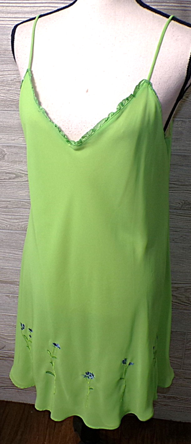 Vtg Slip Dress XL 2 pc Peignoir Chartreuse Purple Floral Embroidered Fairy Y2k