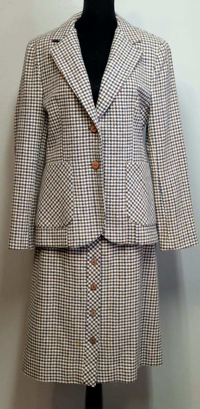 Vintage Prestige of Boston Wool Houndstooth Skirt Suit Blue Brown Cream Size 14