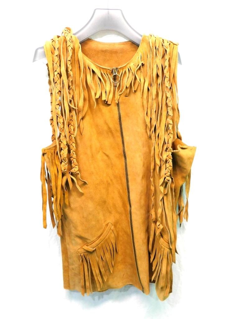 Vintage S Brown Suede Leather Fringe Vest Jacket Full Zip Western Hippie READ