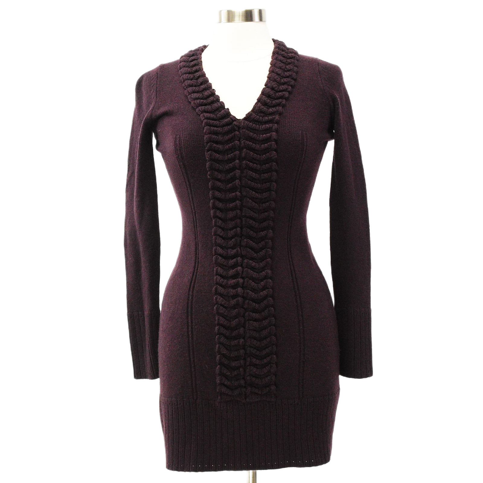 Y2K Vintage Chococlate Brown Sweater Dress Womens S Ruffled V Neck Mini Sheath