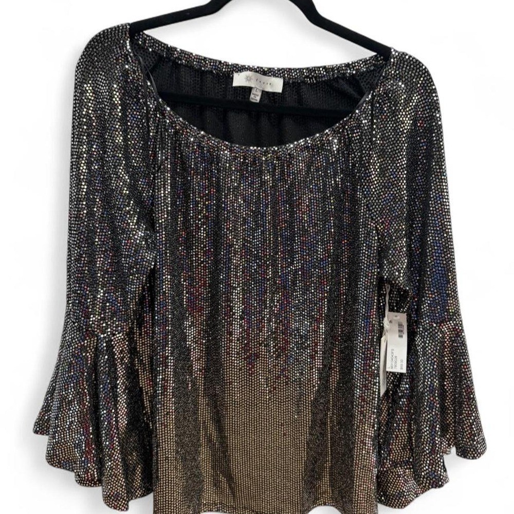 NWT Fever „Disco Dream” Glitter Dot Tulip Bell Sleeve Blouse – Size Large
