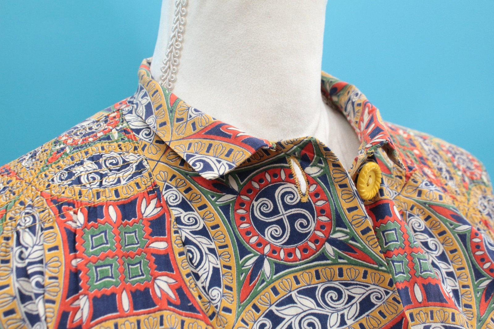 VTG Women’s 40s Colorful Abstract Print Button Front Smock / Shirt Sz M/L 1940s