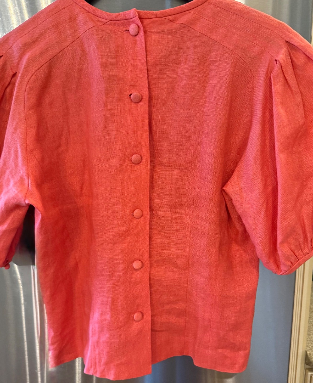 Vtg ANNE CRIMMINS UMI Collections Coral Linen Applique Puff Sleeve Top Sz 4