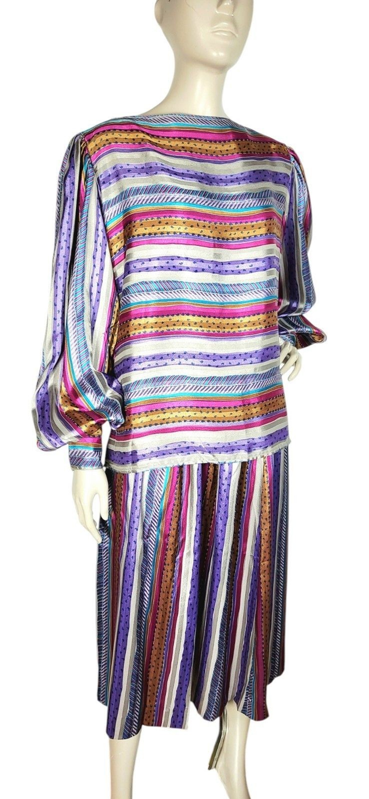 VTG 70s Evan Picone Silky Satin Mixed Media Puff Balloon Sleeve Blouse Skirt Set