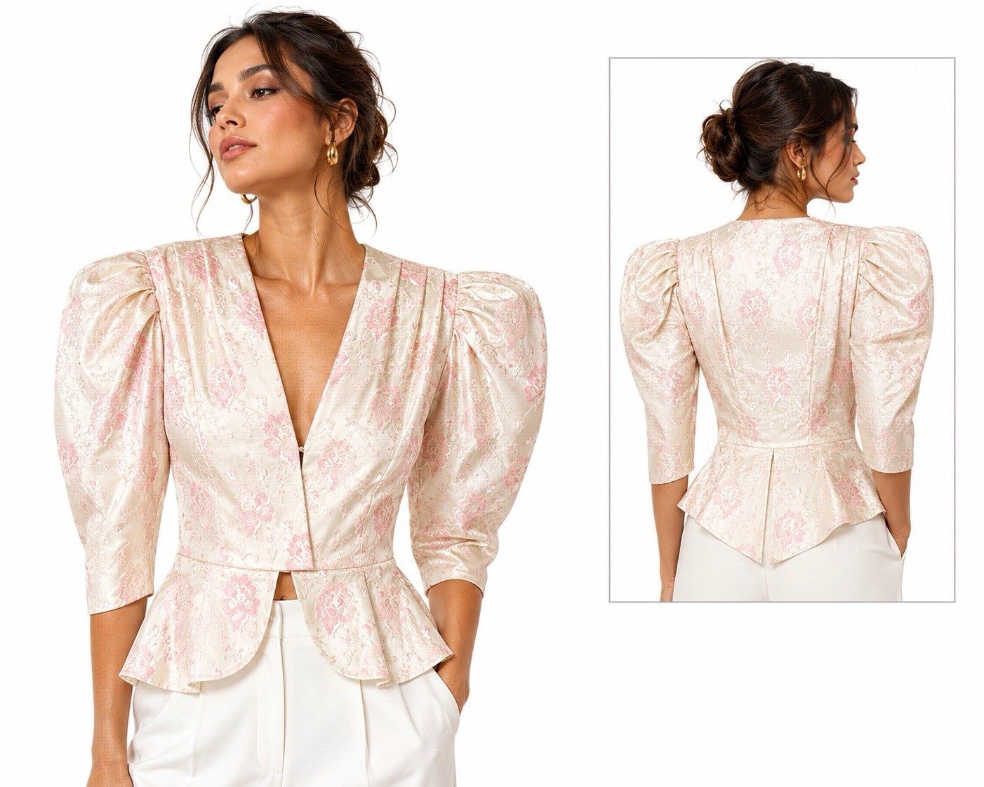 vintage 80s COQUETTE FLORAL BLOUSE XS victorian puff shoulders pink peplum retro