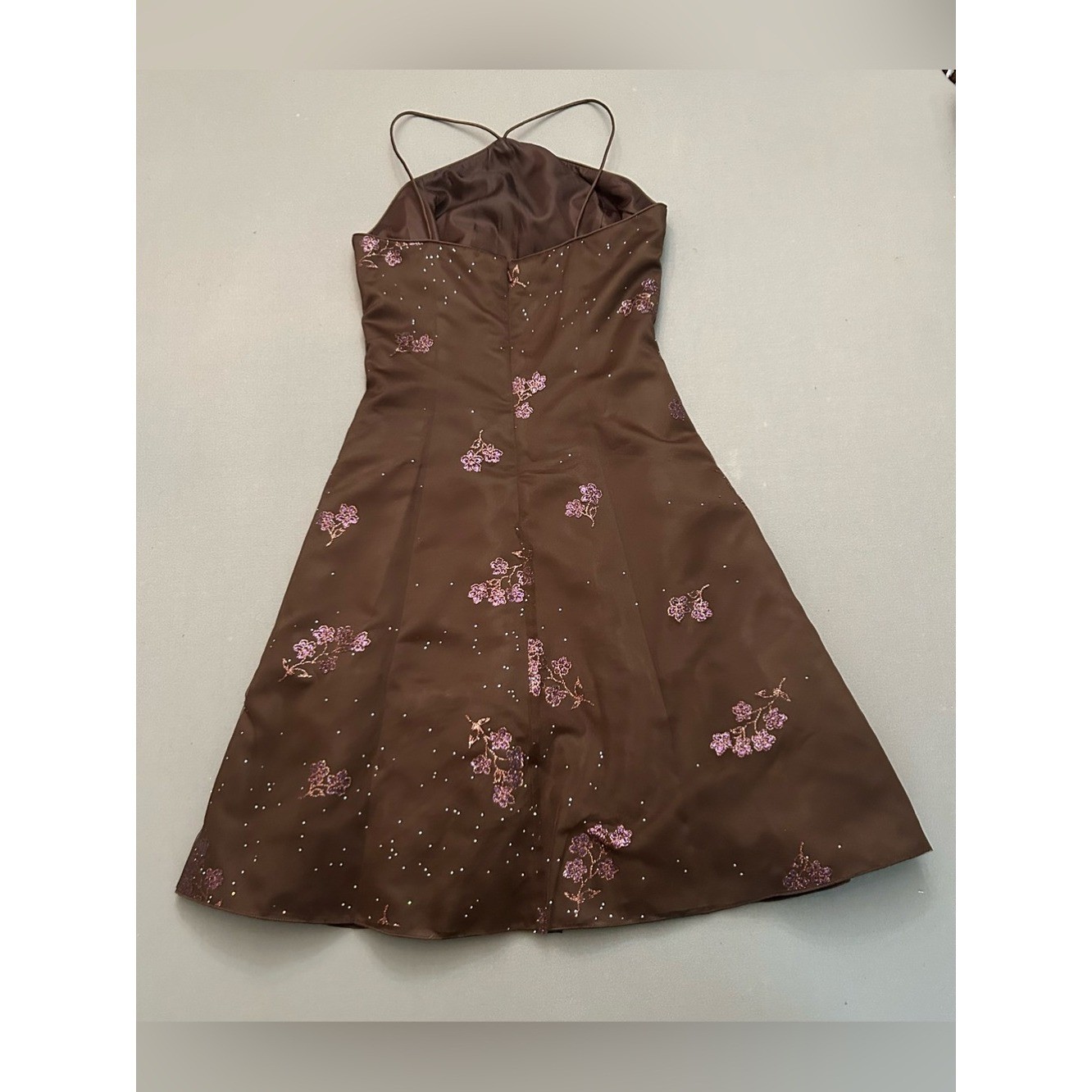 Vintage Y2K 90’s Onyx Nite Brown Satin Party Dress w/ Sparkles and Lace Overlay