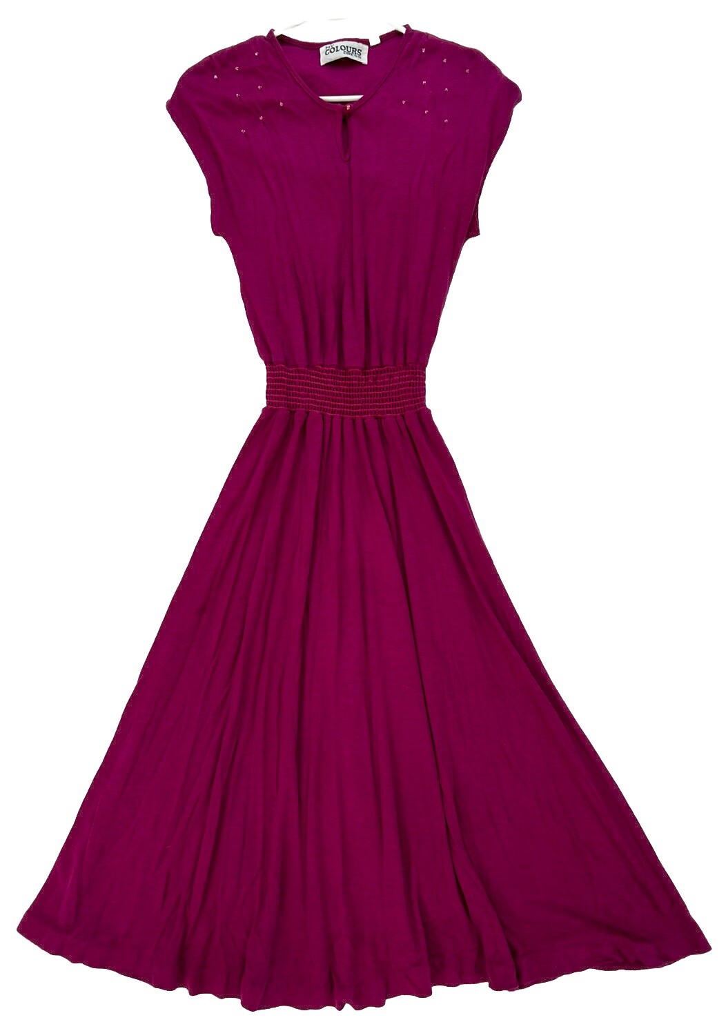 VINTAGE Stretch Waist Knit Dress Sparkle Shoulder Detail S/M BOLD Purple Color