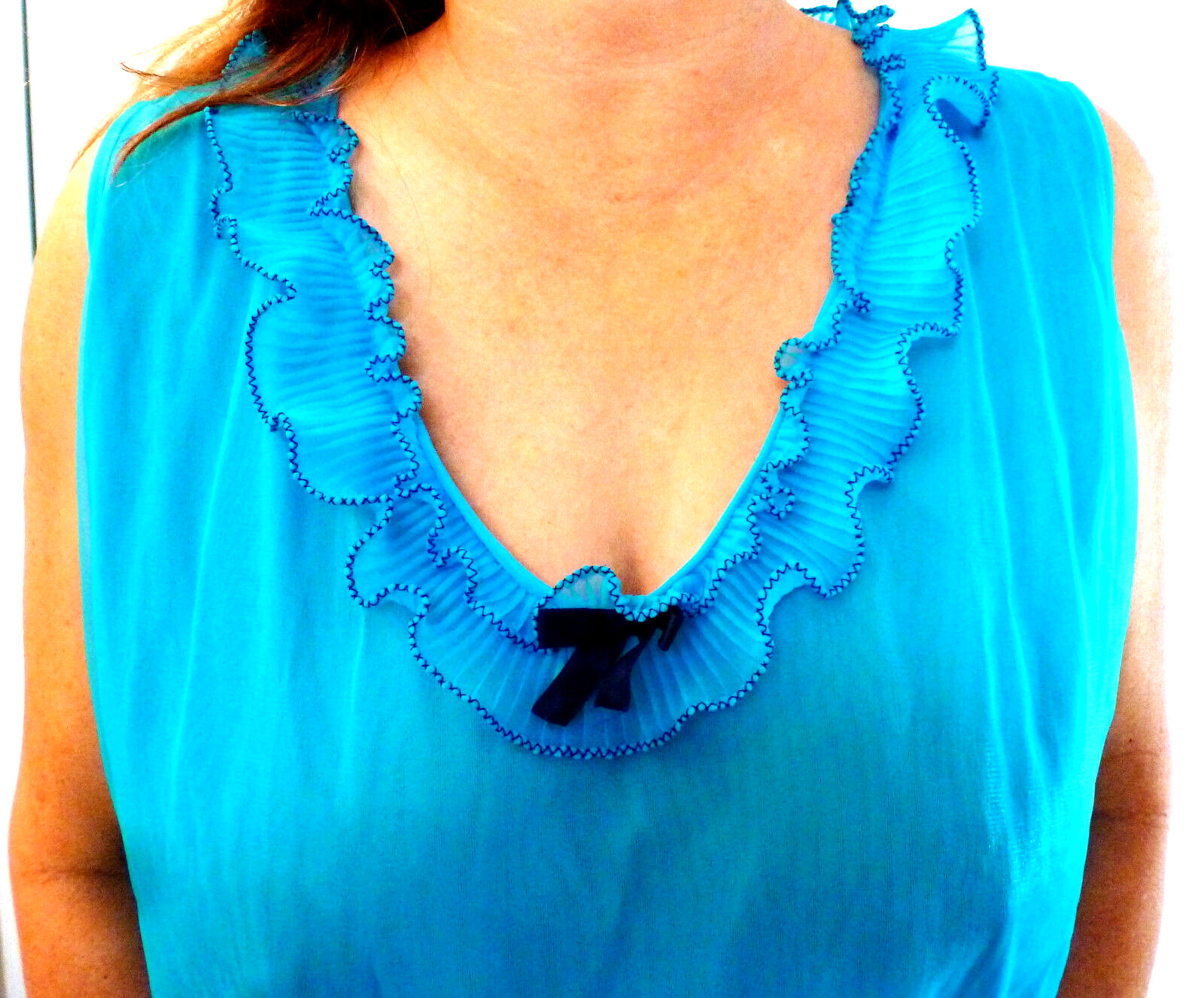 1970S PIPPA DEE BLUE DOUBLE LAYER CHIFFON CRYSTAL PLEATED SEXY NIGHTGOWN L EVC