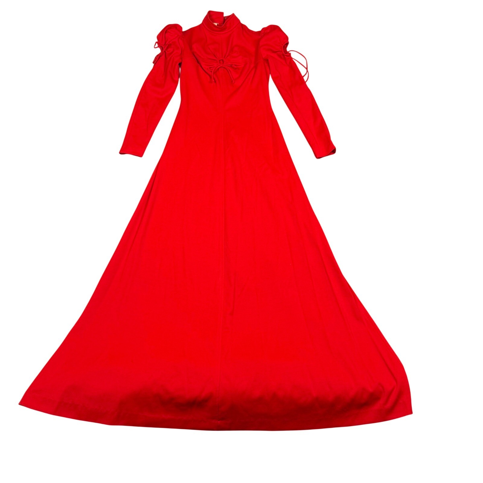 Vintage 70s Mikey Jrs of California Red Maxi Dress Mod Mock Neck Puff Sleeve