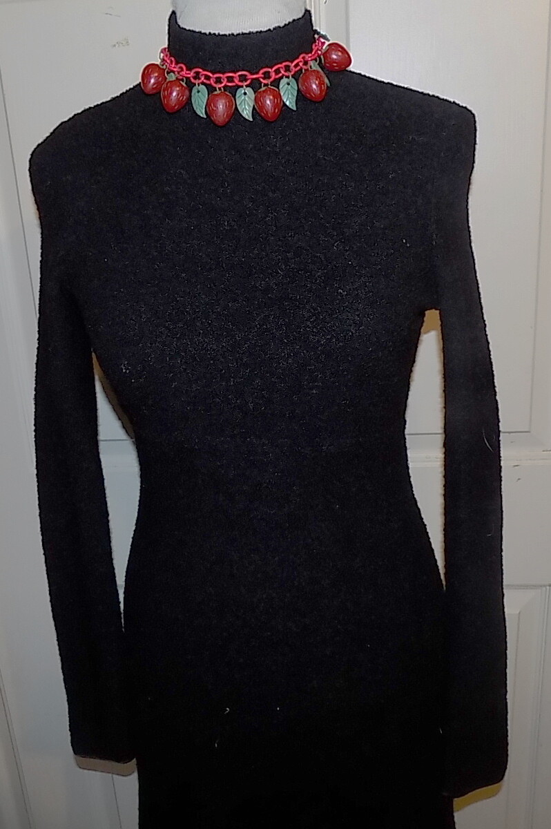 Vintage 80s 90s Black Nubby Wool Nylon Stretchy Dress Kenar Size 6 B34