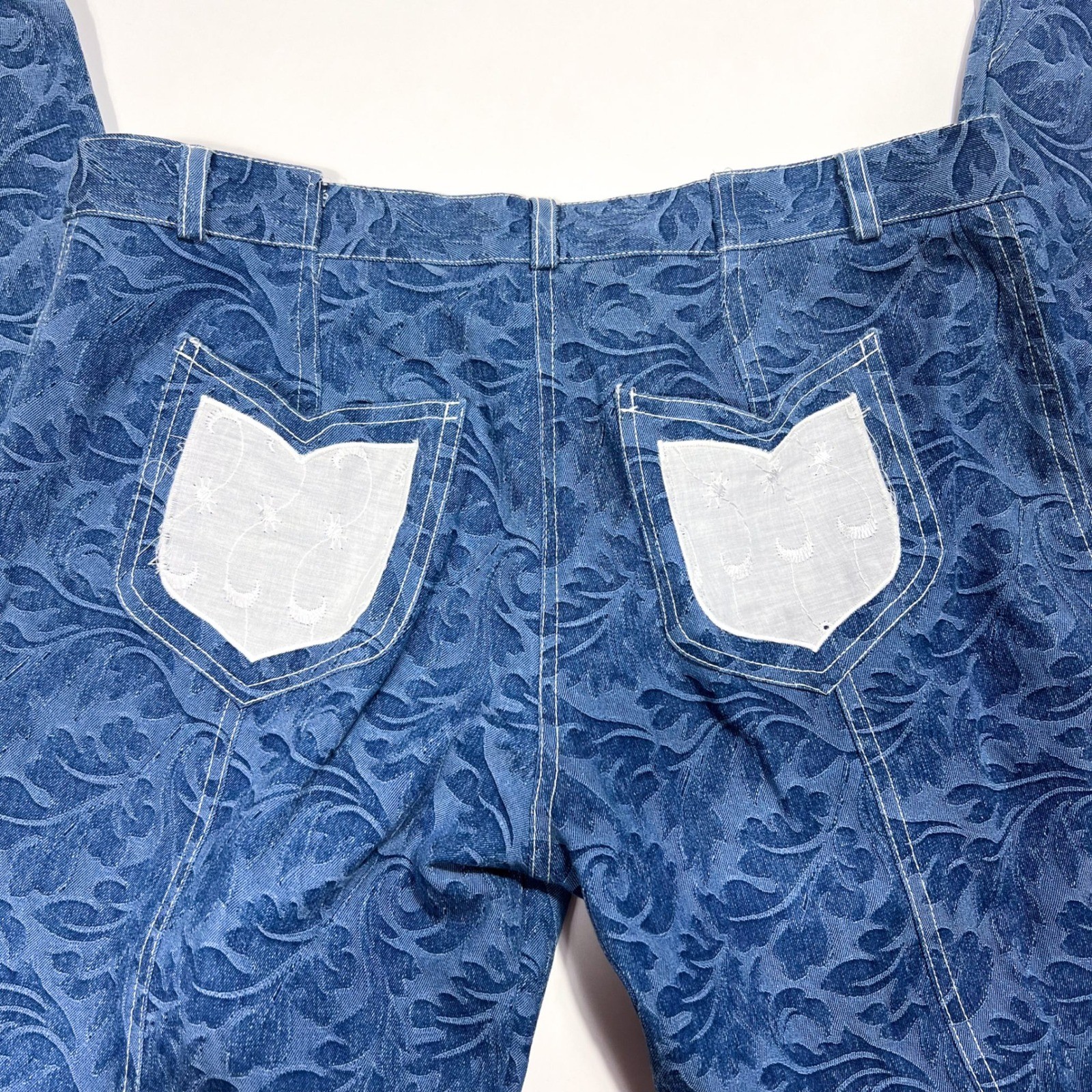 Vintage Dekers Paris Flared Brocade Pants Blue Floral Lace Button Hem