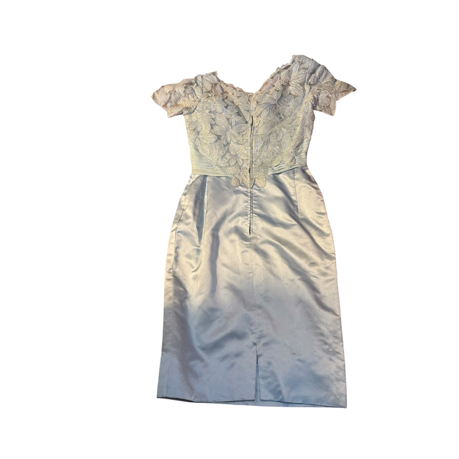 50s Ice Blue Beaded Lace Bombshell Wiggle Dress Cocktail Glam