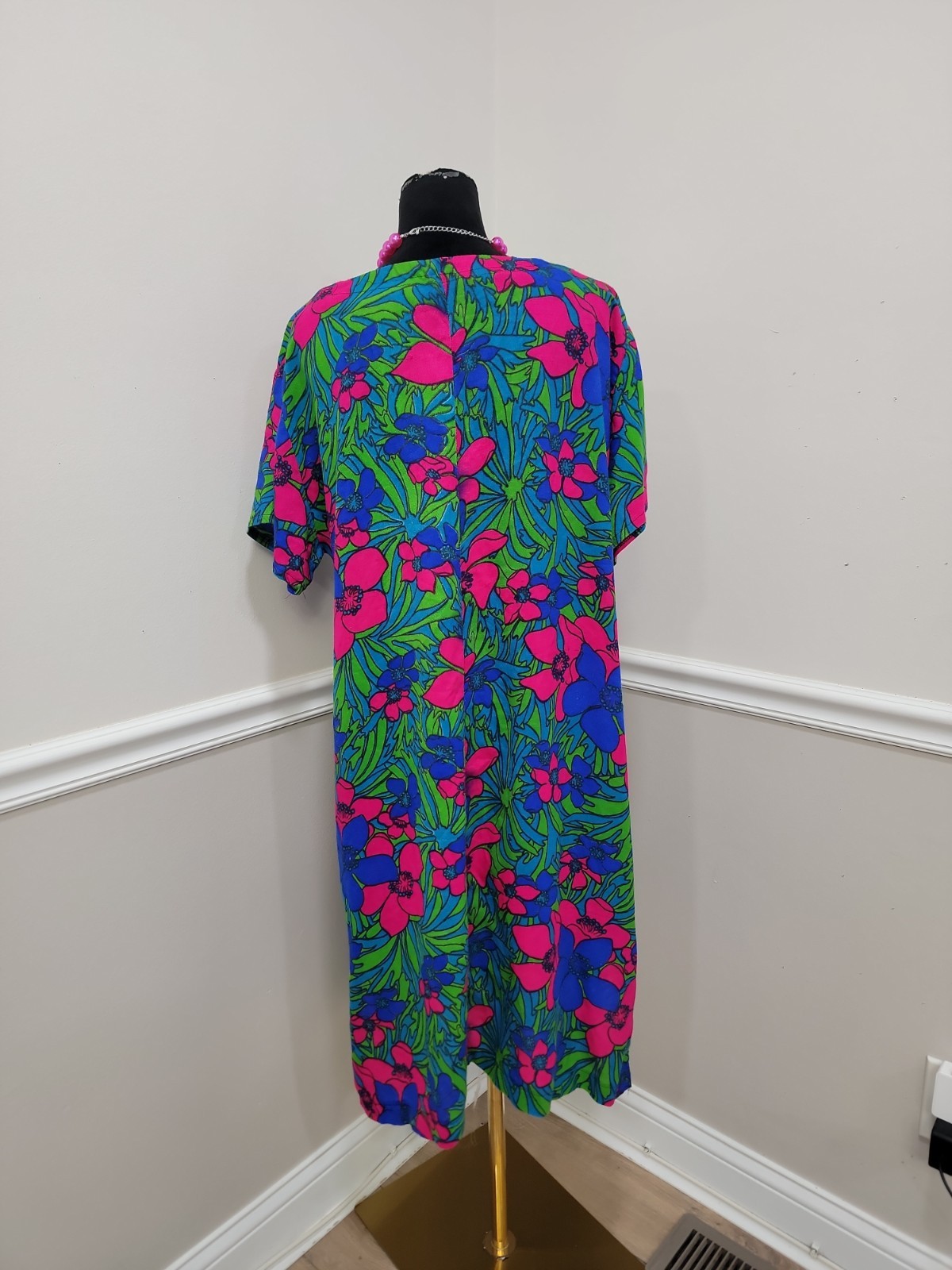 Vintage 60s 70s Psychedelic Mod Floral Dress Neon Pink Blue Green Shift VTG