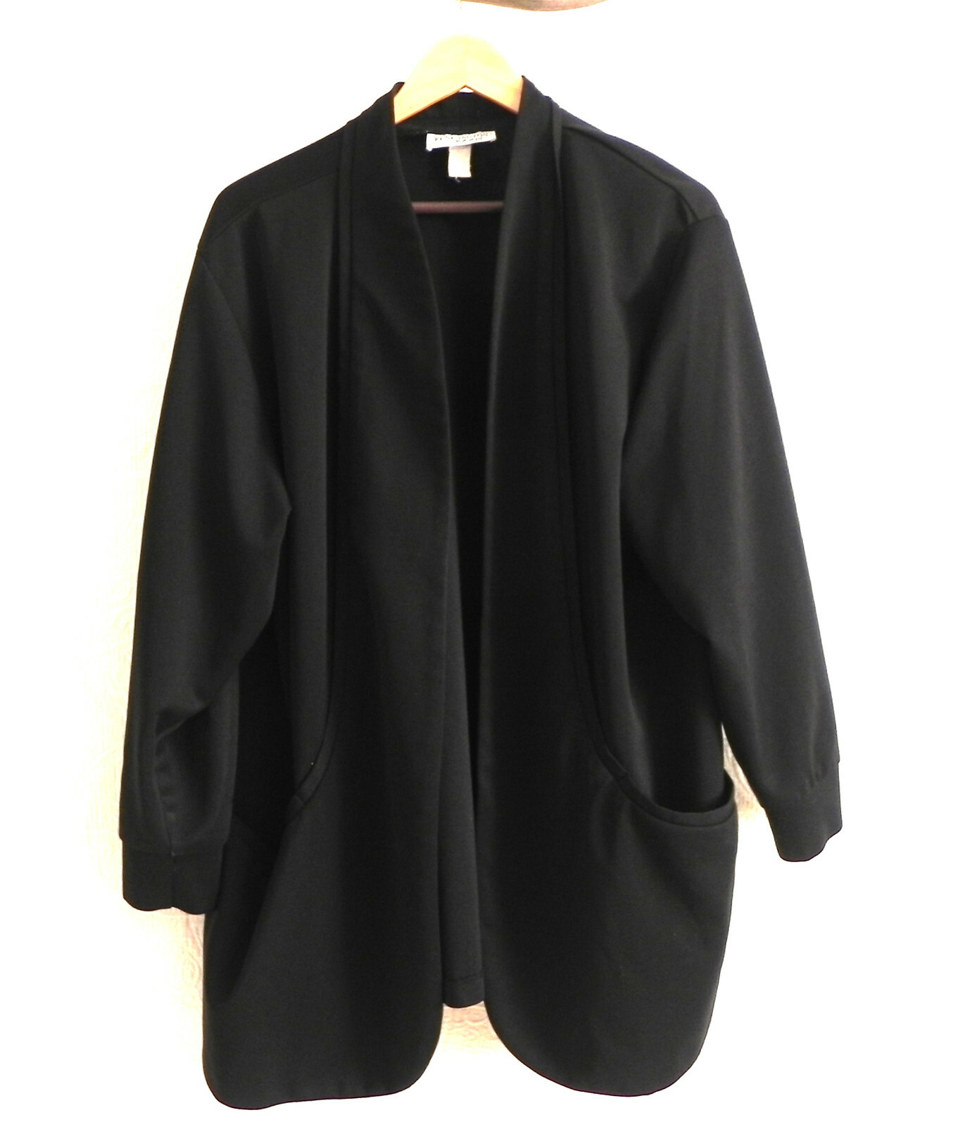 Vtg Kensington Square Duster Open Black Long Sleeve Comfort Pockets Size PXL