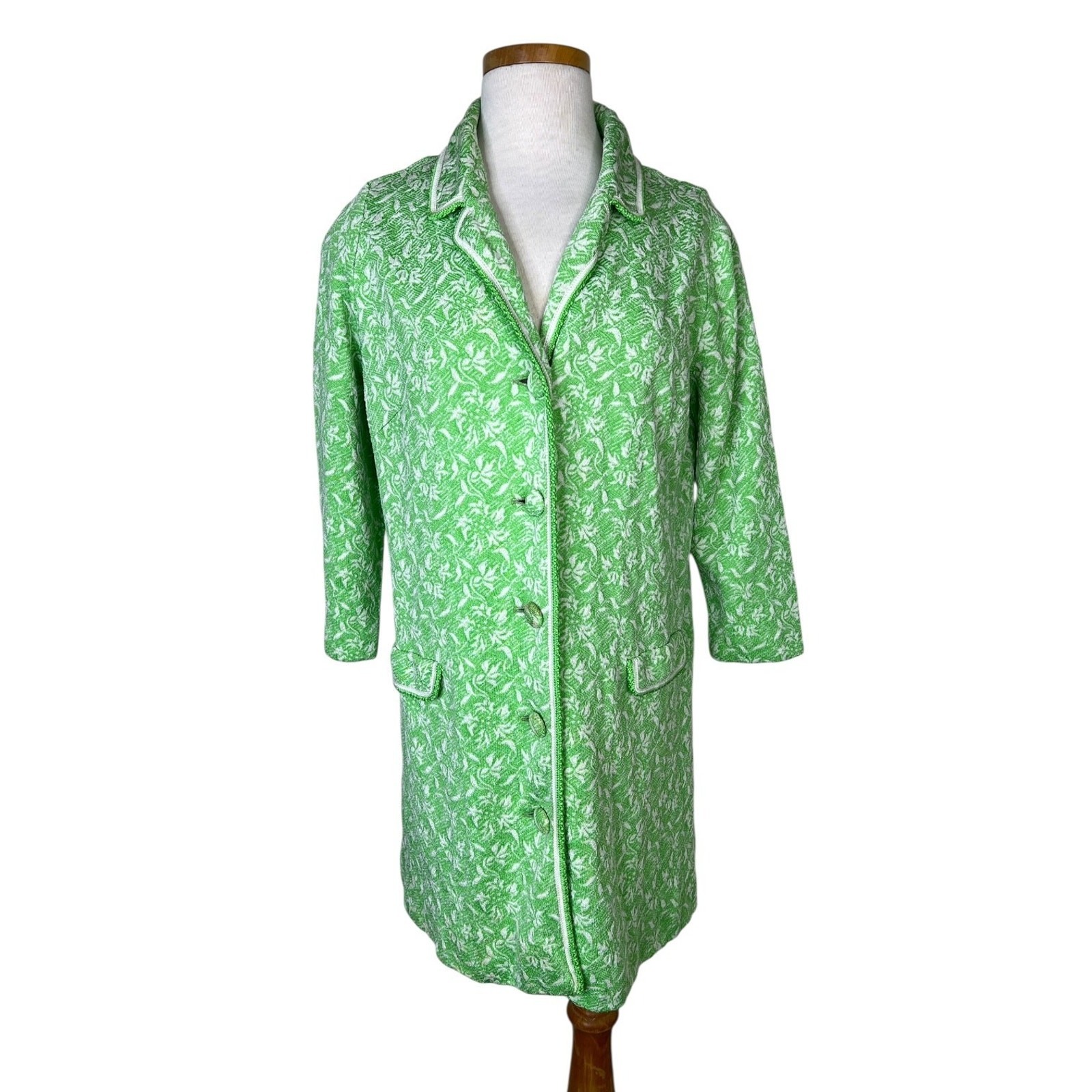 Vintage 60s Green Floral Jacquard Jacket 3/4 Sleeve Mid Century MCM Small 34