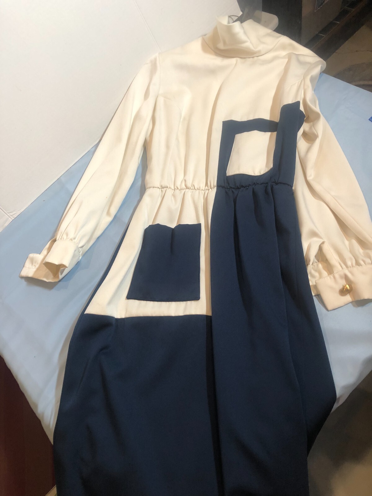 VINTAGE MCM Norman Wiatt Sz 12 Blue & Ivory Long Sleeve Pocket Dress
