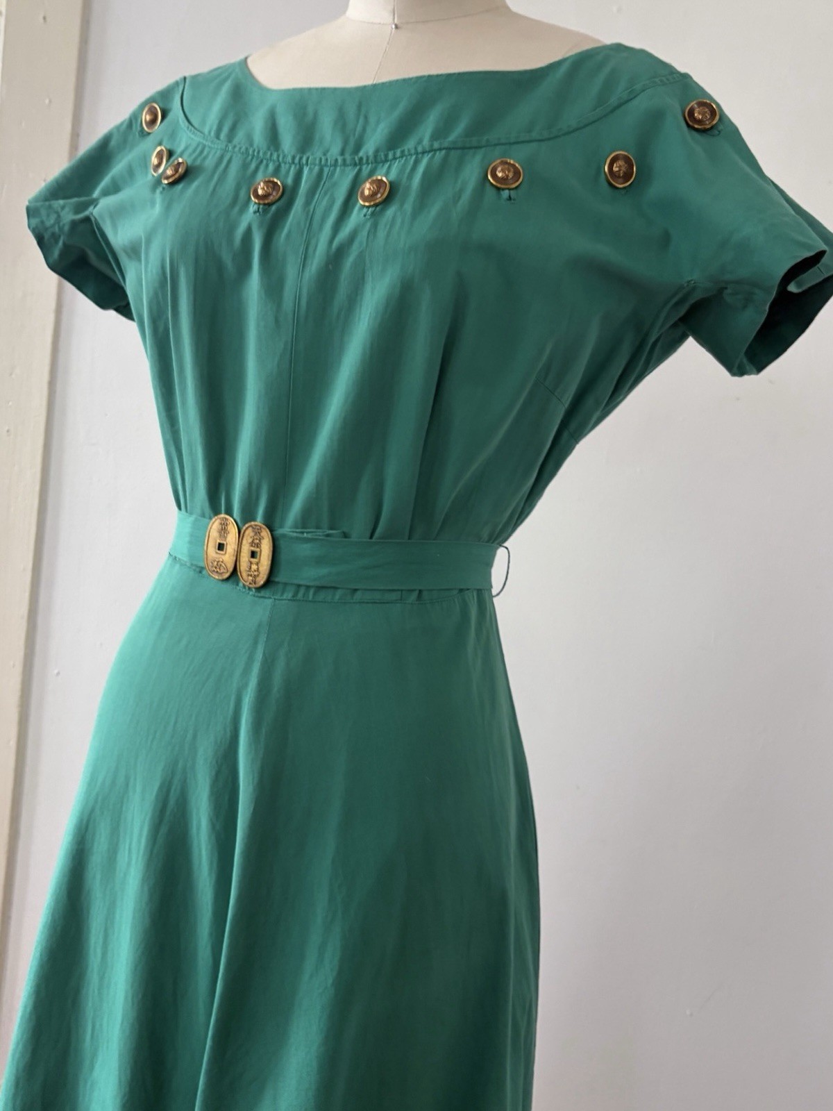 1950s Jade Green Polished Cotton Day Dress Midi Bateau Neck Crest Buttons Resort