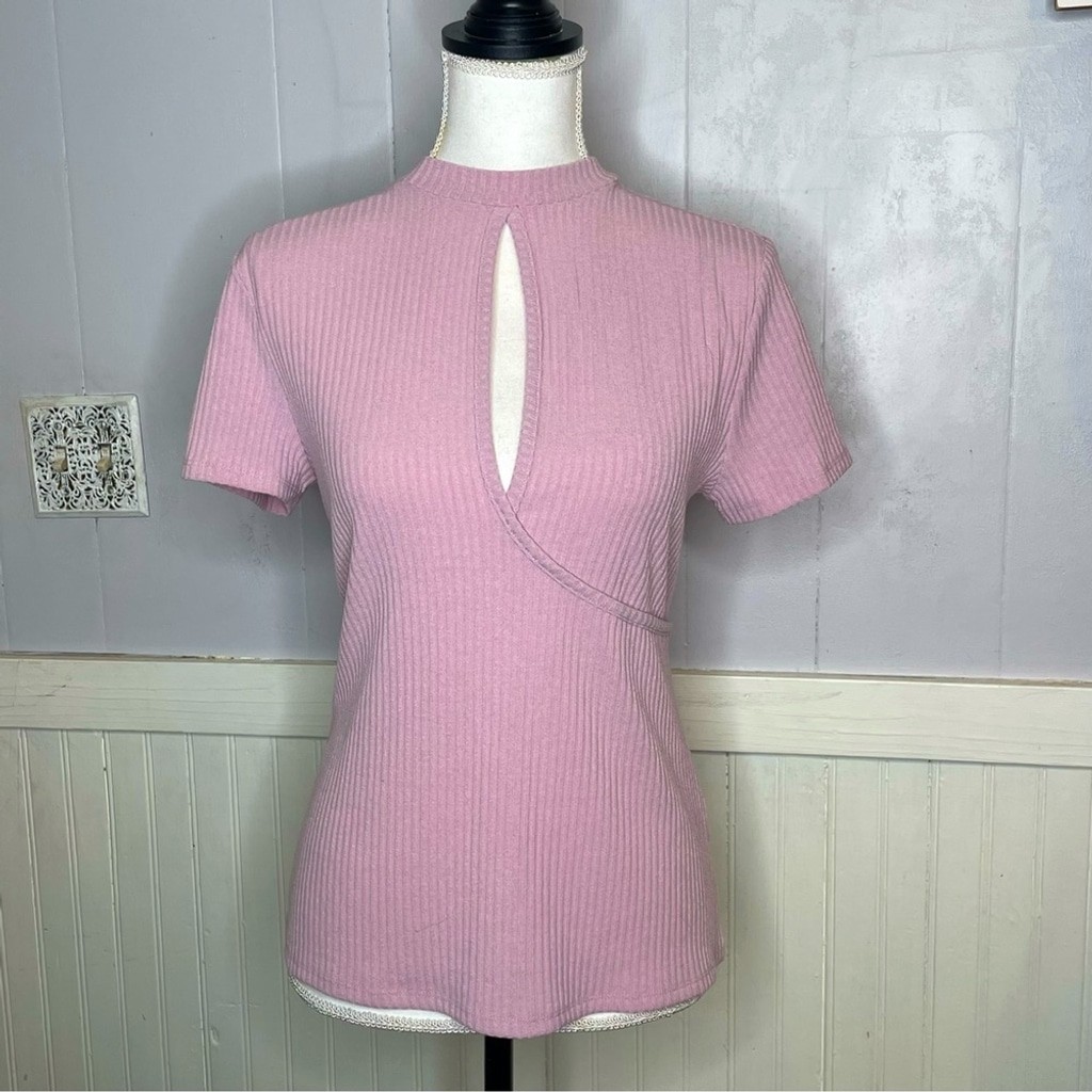 Vintage 90s ribbed top blush pink cut out front sweater blouse