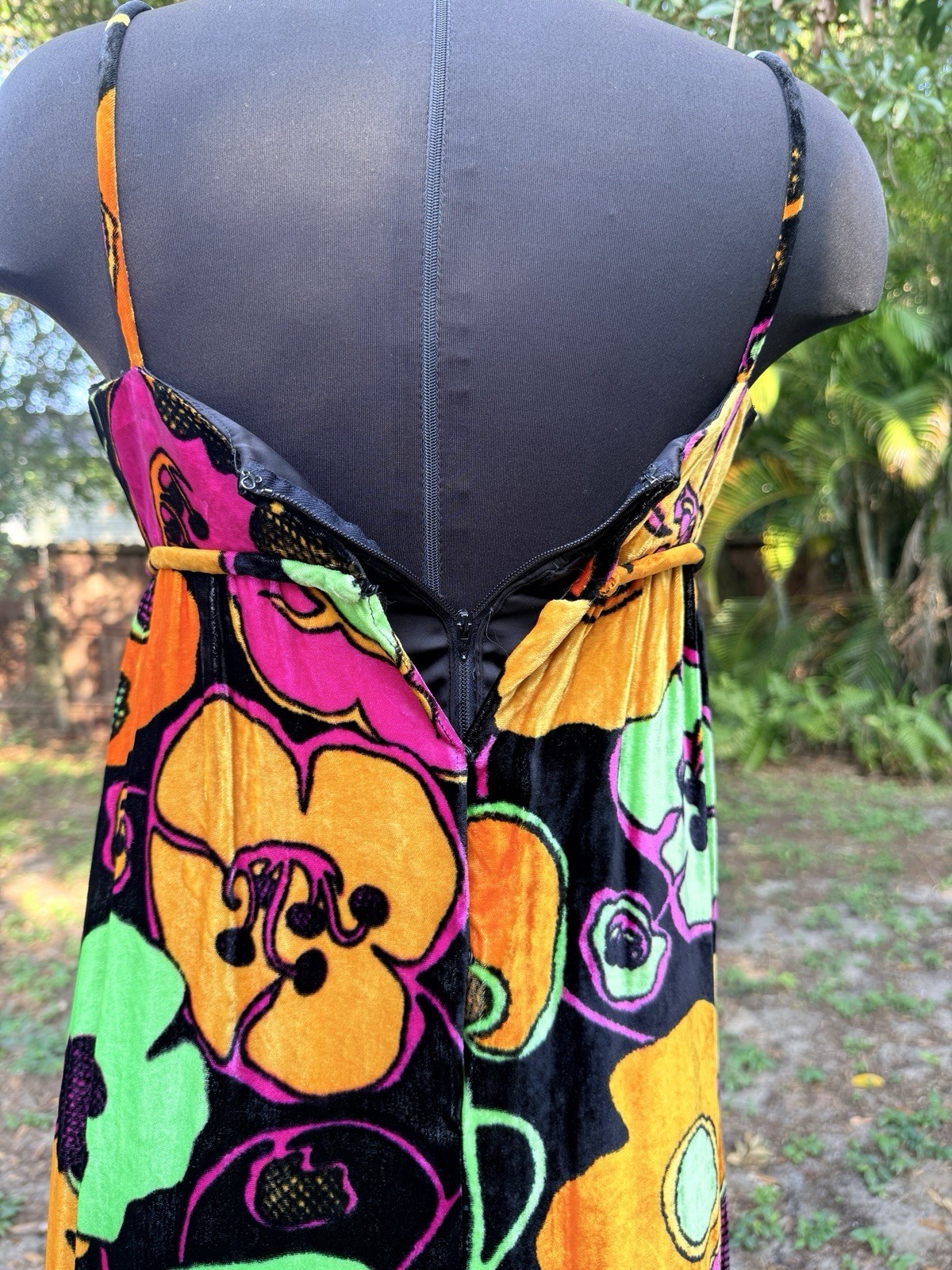 Vintage 1960s Mia Boutique Bright Floral Velvet Maxi Dress