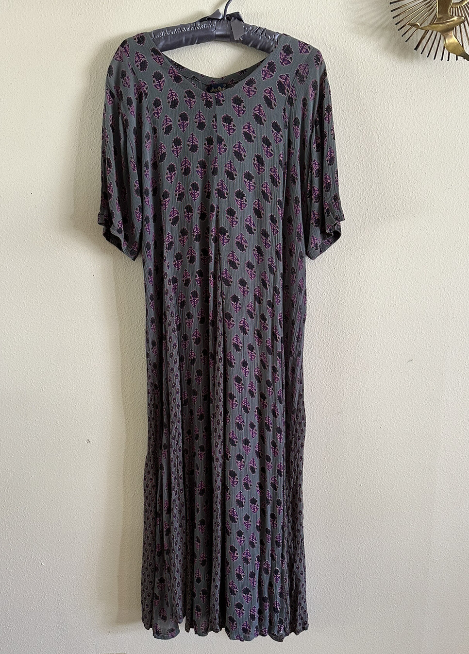 1990s Indian Block Print Rayon Gauze Tie Back Dress Grunge Floral Punk M 90s VTG