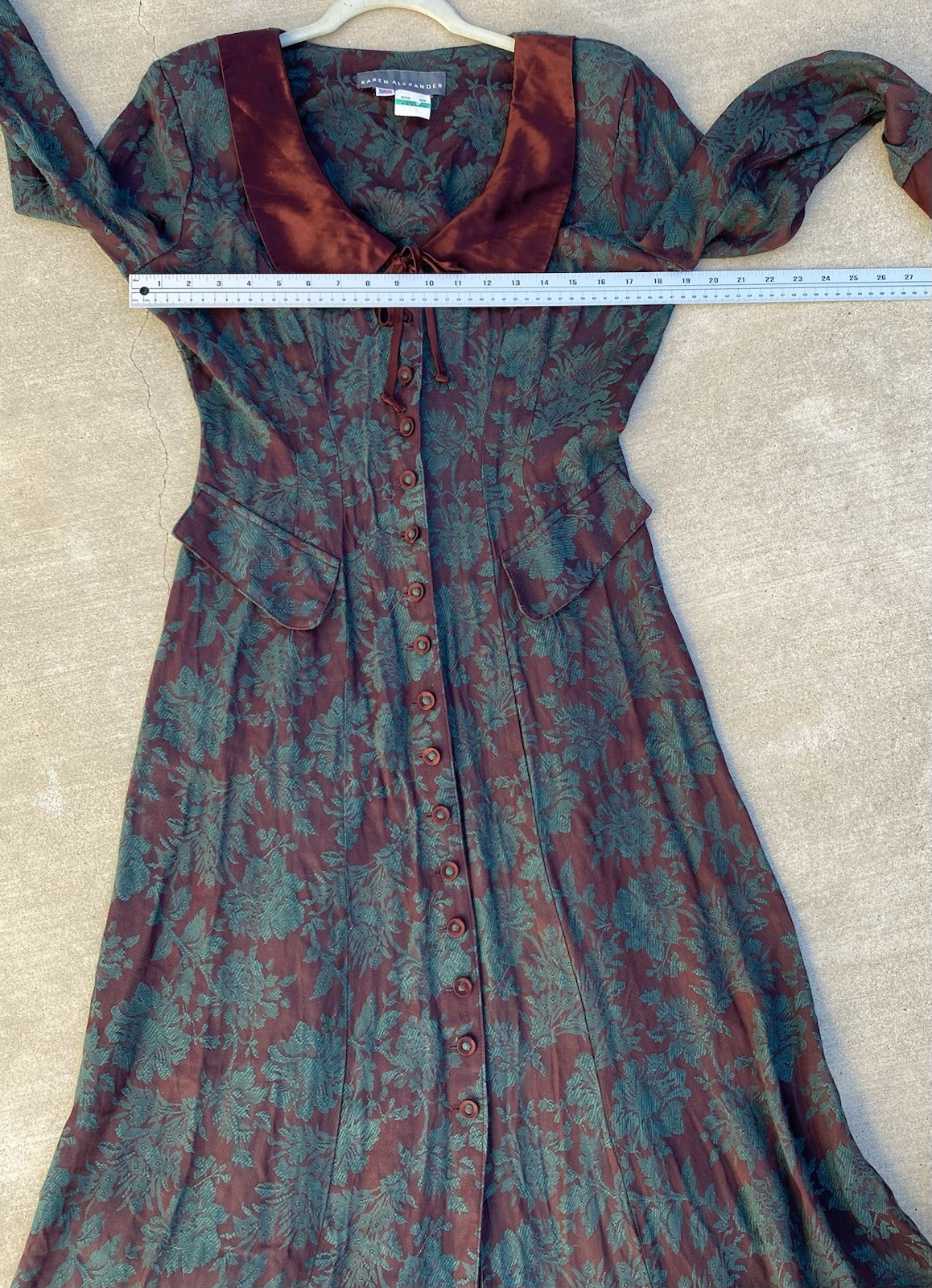 Vintage 80s 90s Karen Alexander Floral Jacquard Maxi Dress Burgundy Green USA 8