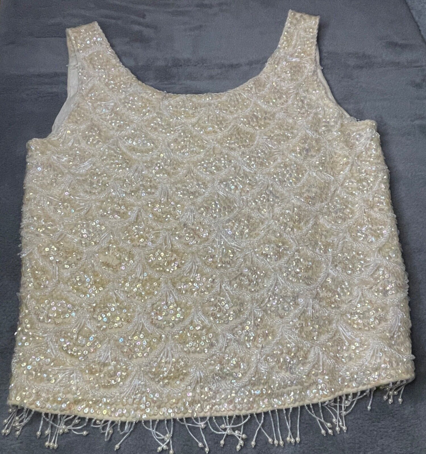 VTG Sequin Top Womens 36 Yellow Sweater White Iridescent Beads Fringe Evening