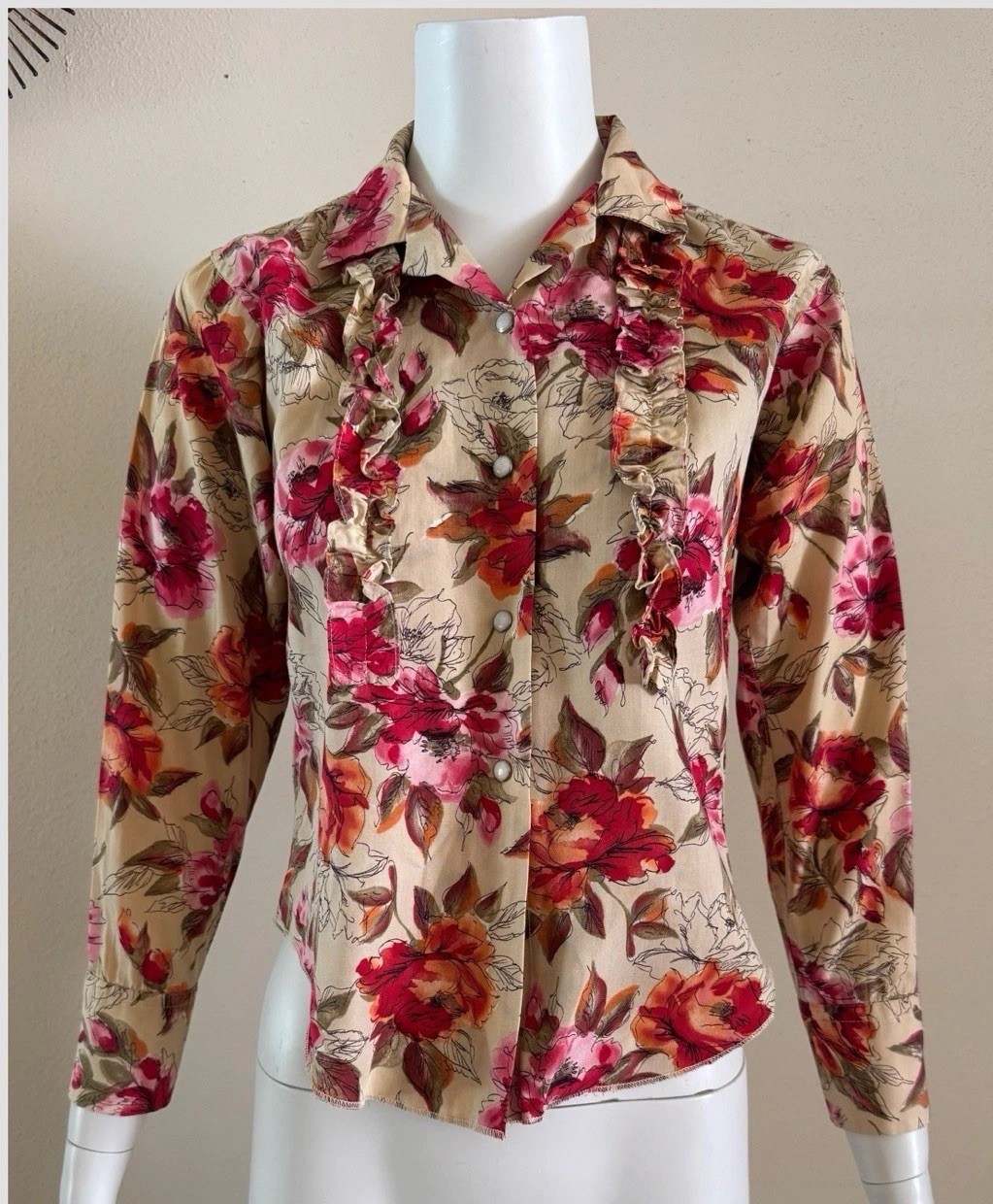 H Bar C Western Pearl Snap Ruffle Blouse Floral Rockabilly Shirt USA S Vintage