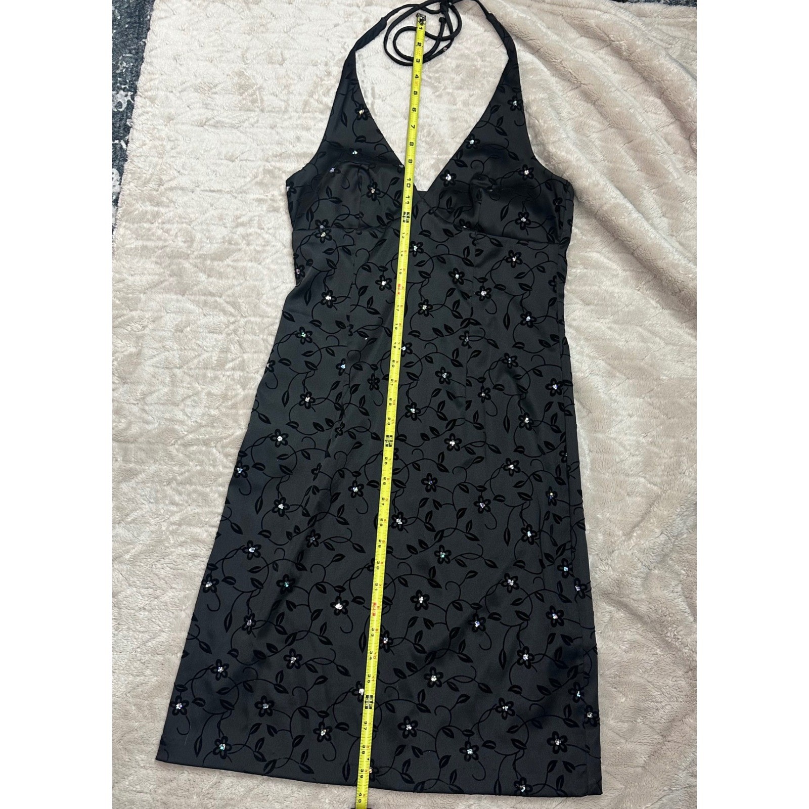 City Triangles Vintage Y2K Black Flocked Floral Rhinestone Halter Dress Sz 9/10