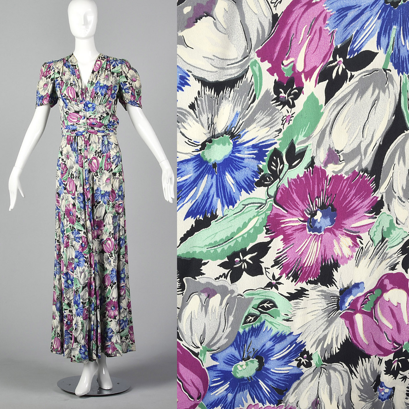 S 1940s Short Sleeve Maxi Dress Oversized Floral Print Rayon Day Wear 40s VTG