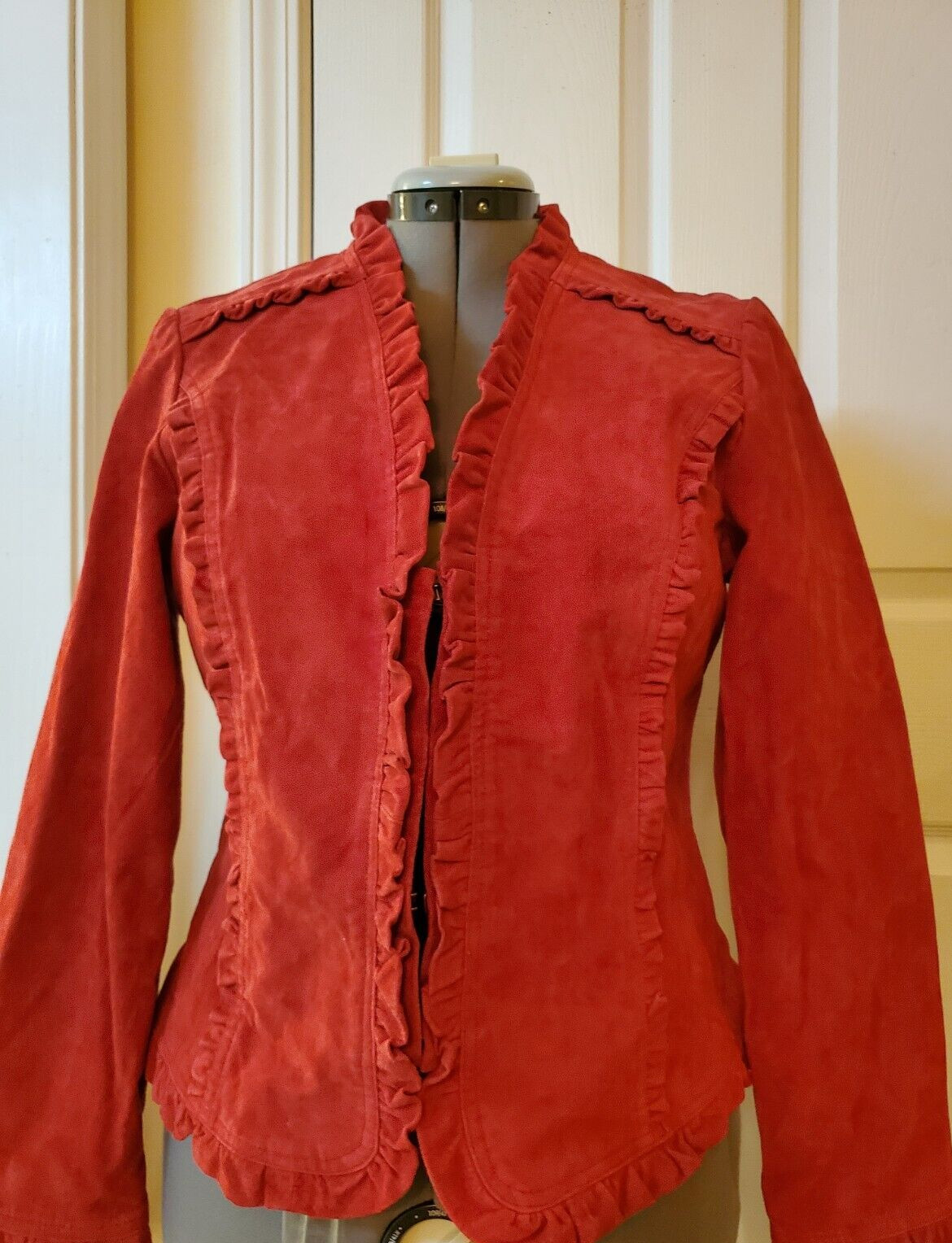 Vintage Prosper & Devine Red 100% Leather Jacket Ruffles Hooks & Eye Large