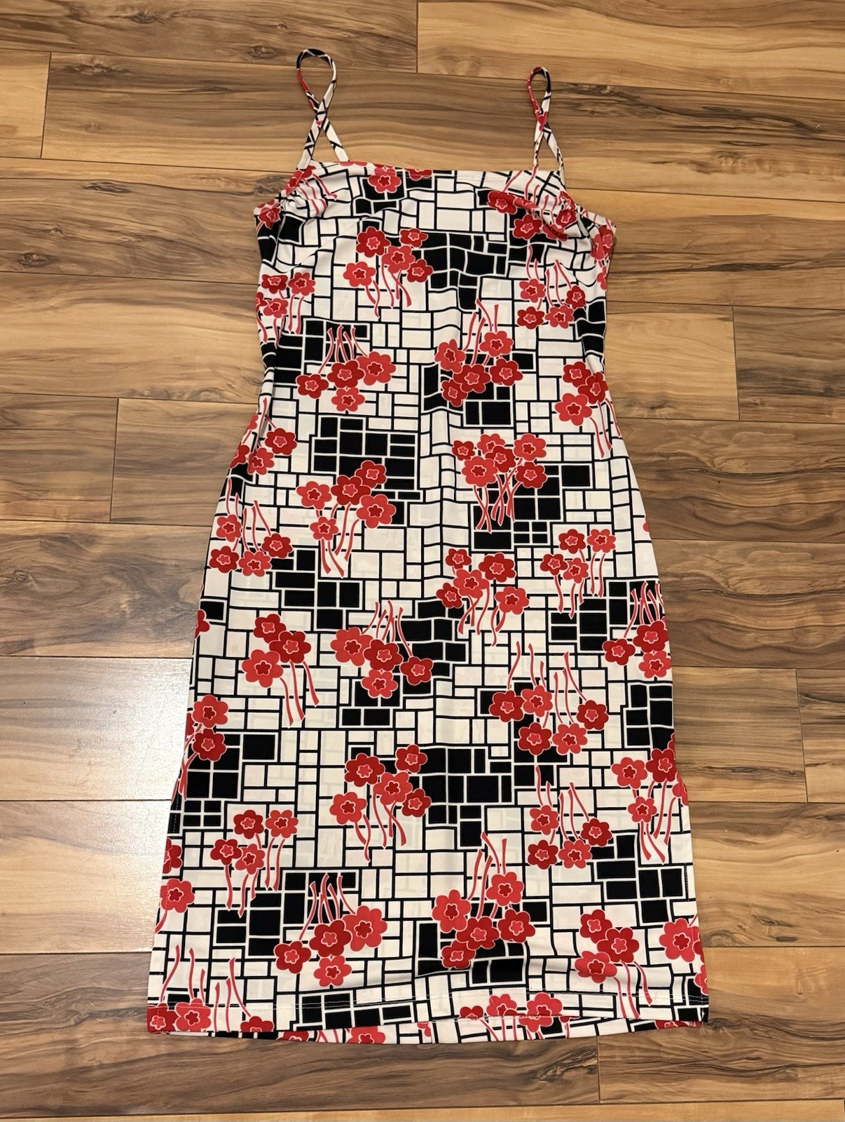 Vtg 90s Slip Style Dress Pink Black Cream Floral Geometric Juniors L Women S/M