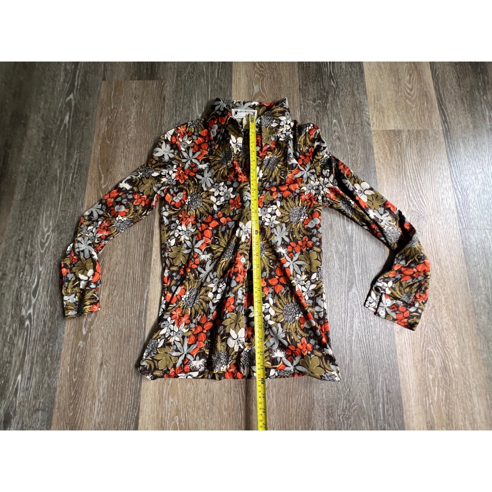 Queen Casuals Button Down Blouse Womens 11/12 Brown Orange Floral 70s Vintage